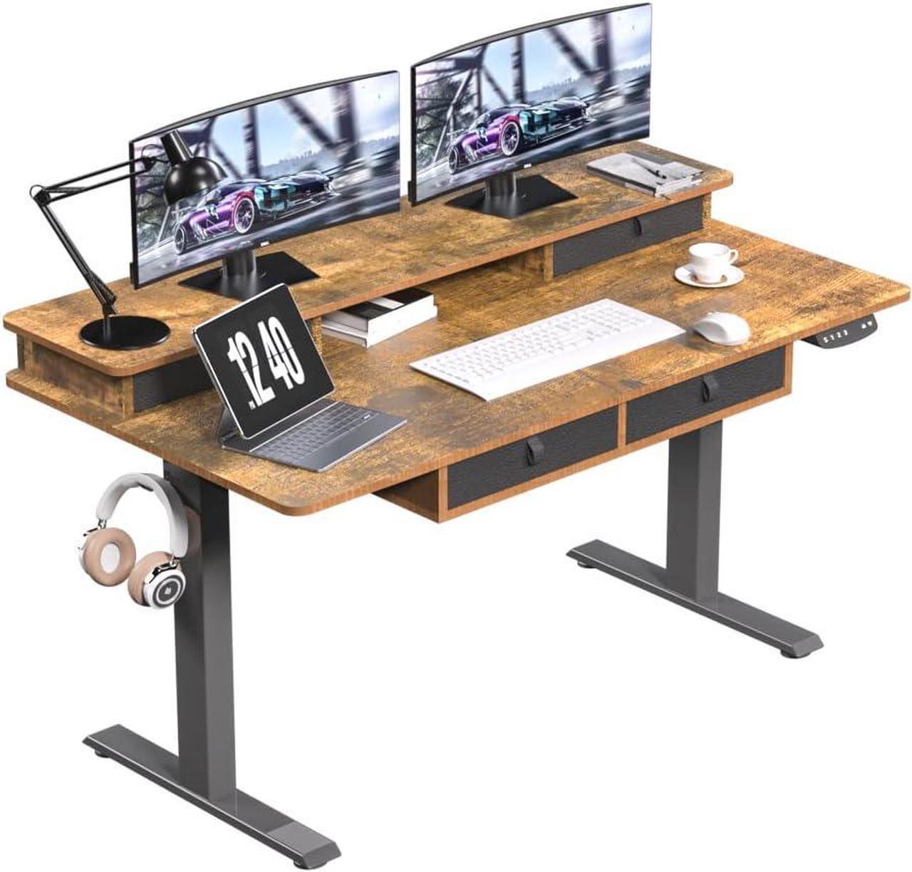 Main image of ExaDesk 55 * 30 Inches Electric Standing Widened Desk Adjustable Height with 4 Drawers, Double Storage Shelves Stand Up Desk, Home Office Workstation Sit Stand up Desk (Rustic Brown)