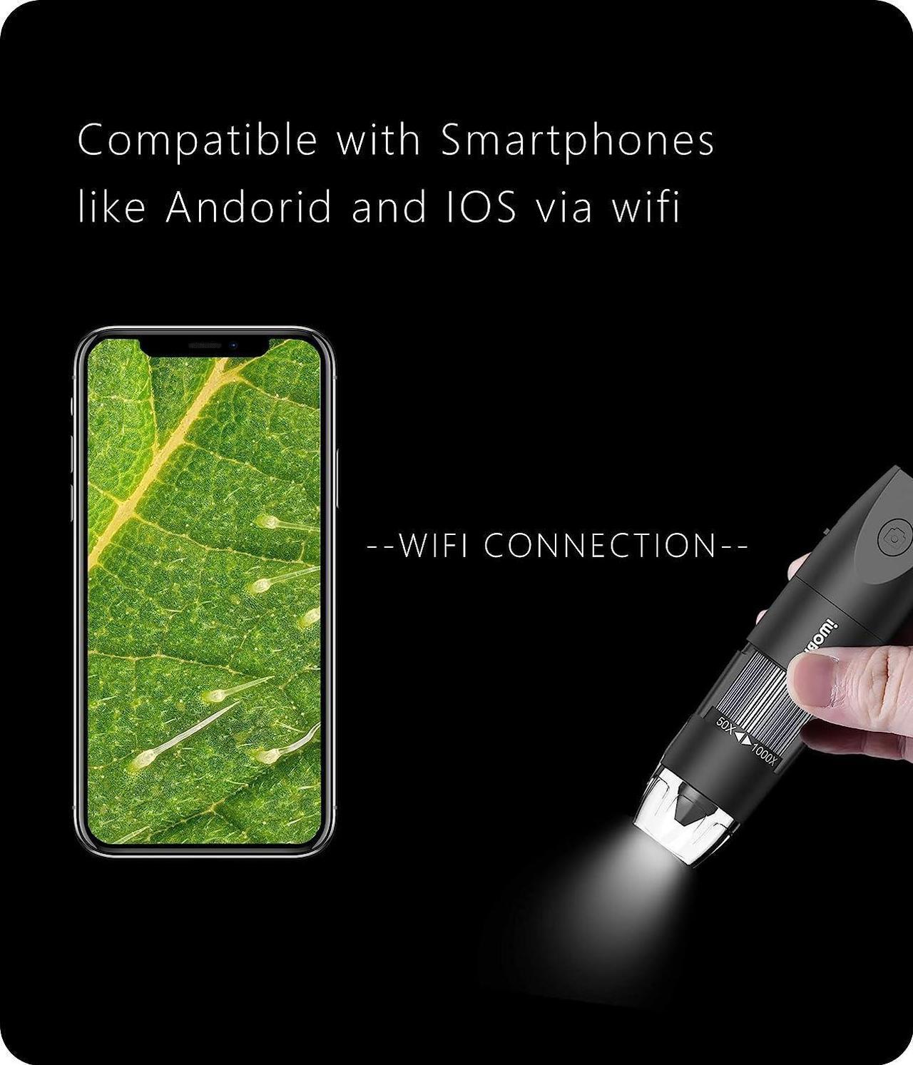 Alt view image 4 of 7 - Digital Microscope Wireless Pocket Handheld USB Microscopes, 50x-1000x Zoom Fixed Focus HD Magnifier with LEDs, Inspection Camera Compatible with iPhone, Android Phone, MacBook, Windows PC (Black)