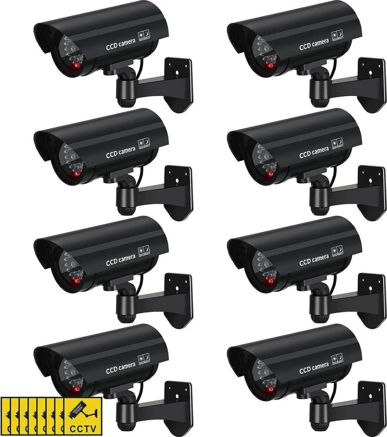 Main image of Macarrie 8 Pcs Fake Camera Dummy Security Camera Realistic Dummy Camera Plastic Fake Video Camera CCTV Surveillance System with Motion LED Light for Home Outdoor Indoor, No Battery Included (Black)