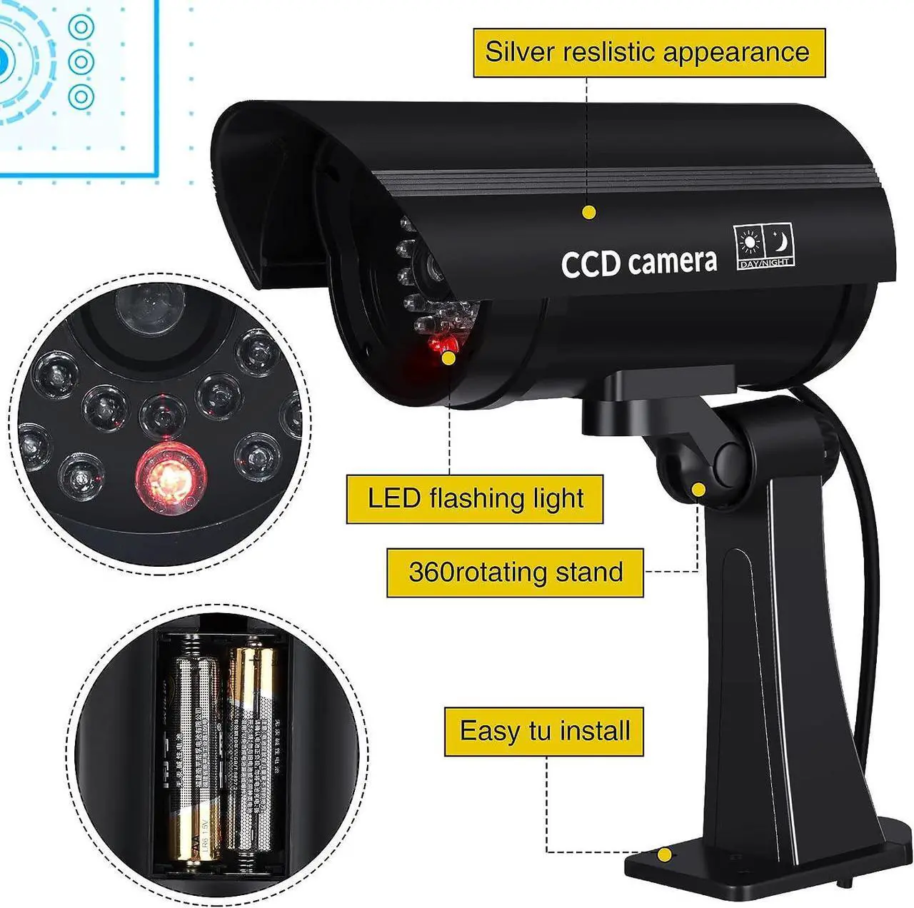 Alt view image 4 of 7 - Macarrie 8 Pcs Fake Camera Dummy Security Camera Realistic Dummy Camera Plastic Fake Video Camera CCTV Surveillance System with Motion LED Light for Home Outdoor Indoor, No Battery Included (Black)