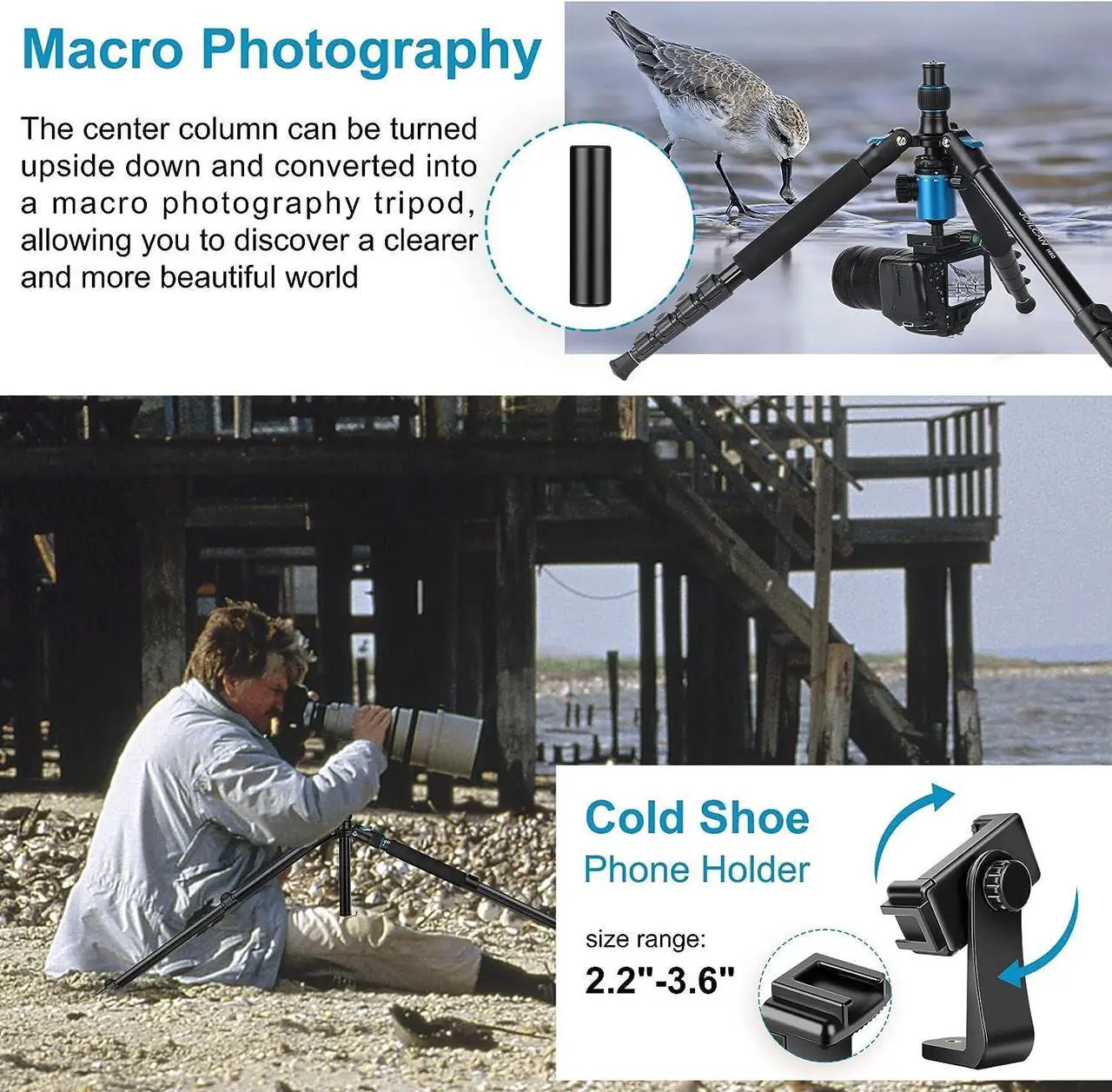 Alt view image 5 of 6 - Tripod for Camera, 81" Camera Tripod Stand, 83 inches DSLR Tripods & Monopods, Heavy Duty Travel Tripod for Binoculars Laser Level Spotting Scope Telescope, Professional Complete Tripod Units