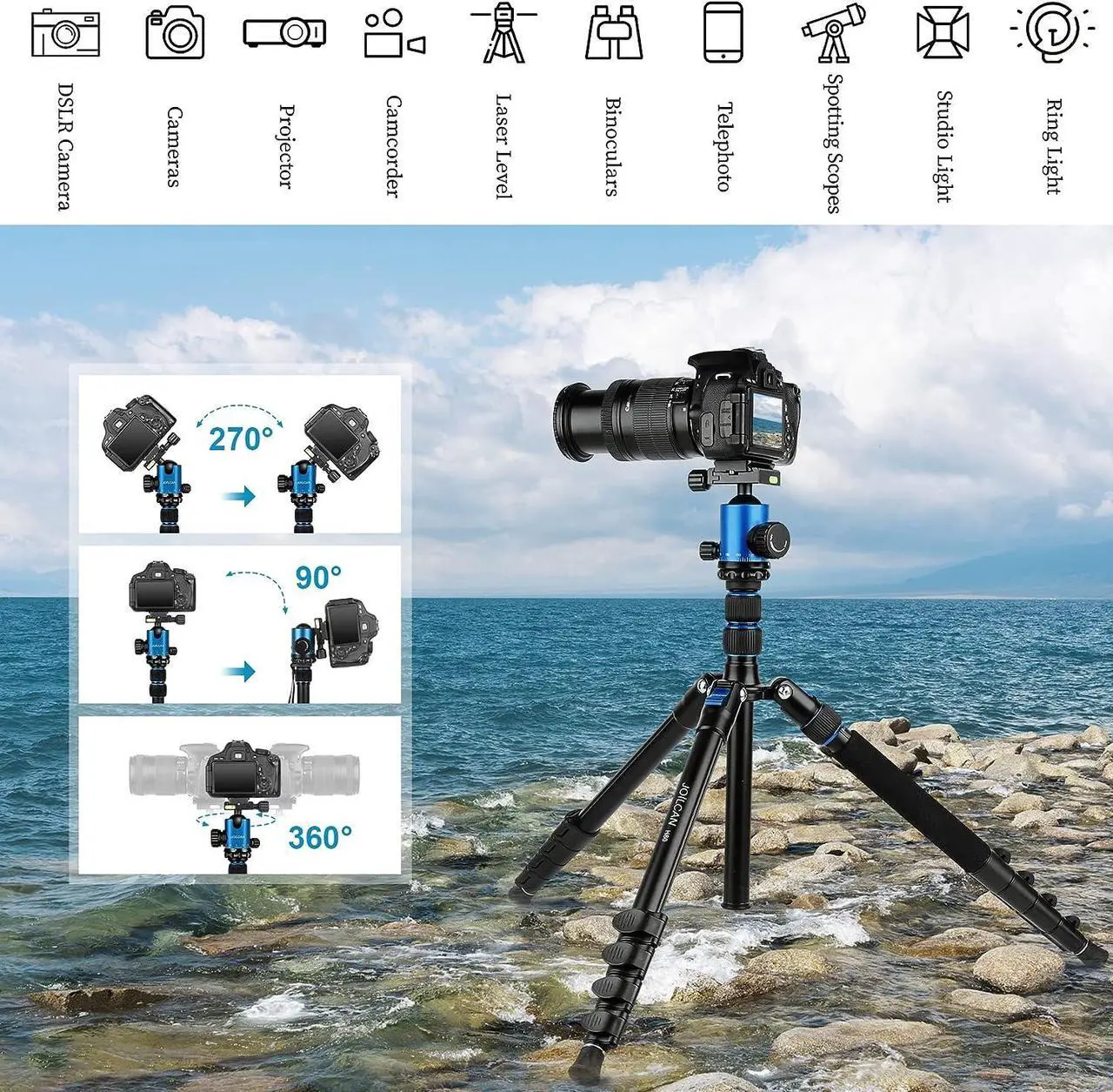 Alt view image 3 of 6 - Tripod for Camera, 81" Camera Tripod Stand, 83 inches DSLR Tripods & Monopods, Heavy Duty Travel Tripod for Binoculars Laser Level Spotting Scope Telescope, Professional Complete Tripod Units