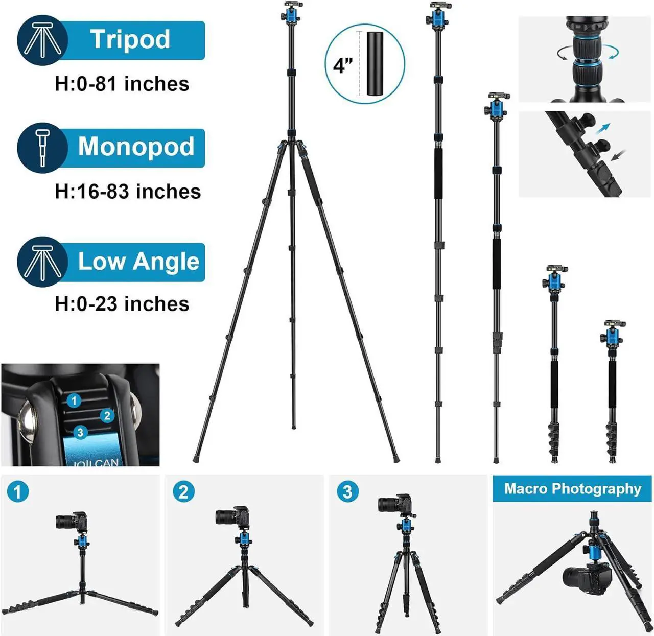 Alt view image 6 of 6 - Tripod for Camera, 81" Camera Tripod Stand, 83 inches DSLR Tripods & Monopods, Heavy Duty Travel Tripod for Binoculars Laser Level Spotting Scope Telescope, Professional Complete Tripod Units