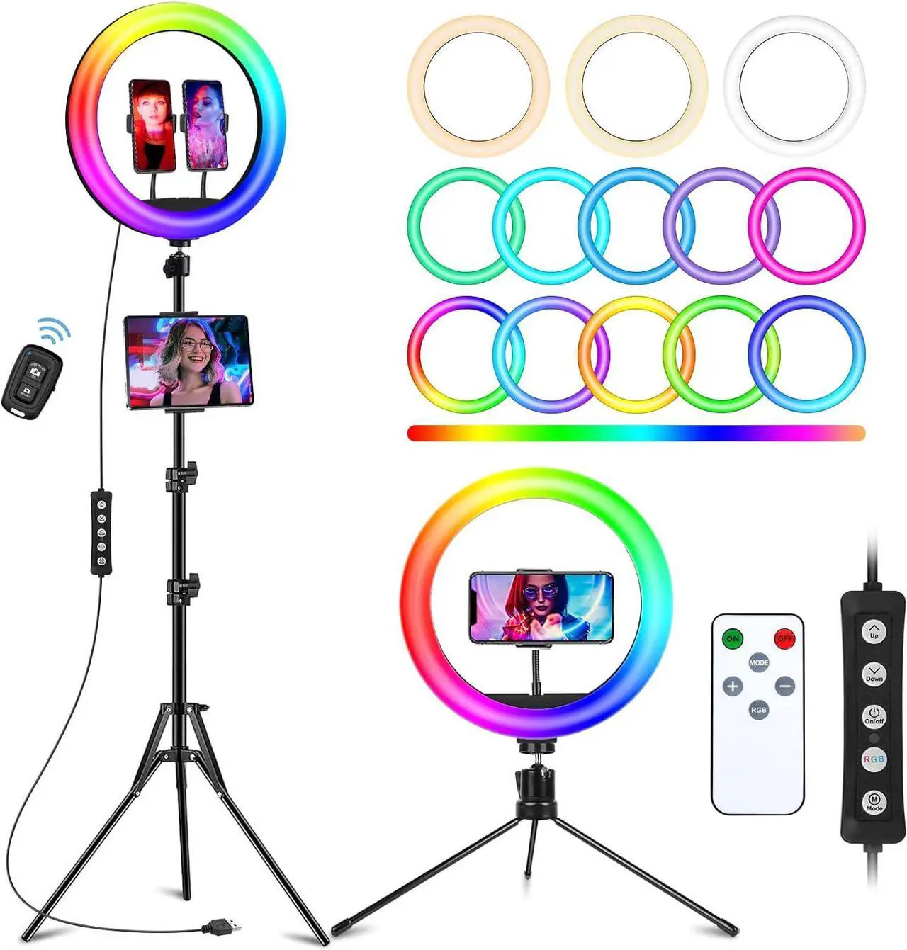 Main image of 12.3" Ring Light with Stand 75 Tall and 2 Phone Holder, Ring Light Tripod for iPhone with 3 CCT Mode & 29 Color Modes, Remote Shutter, Desk Tripod, Great for Live Stream/Makeup/YouTube/TikTok