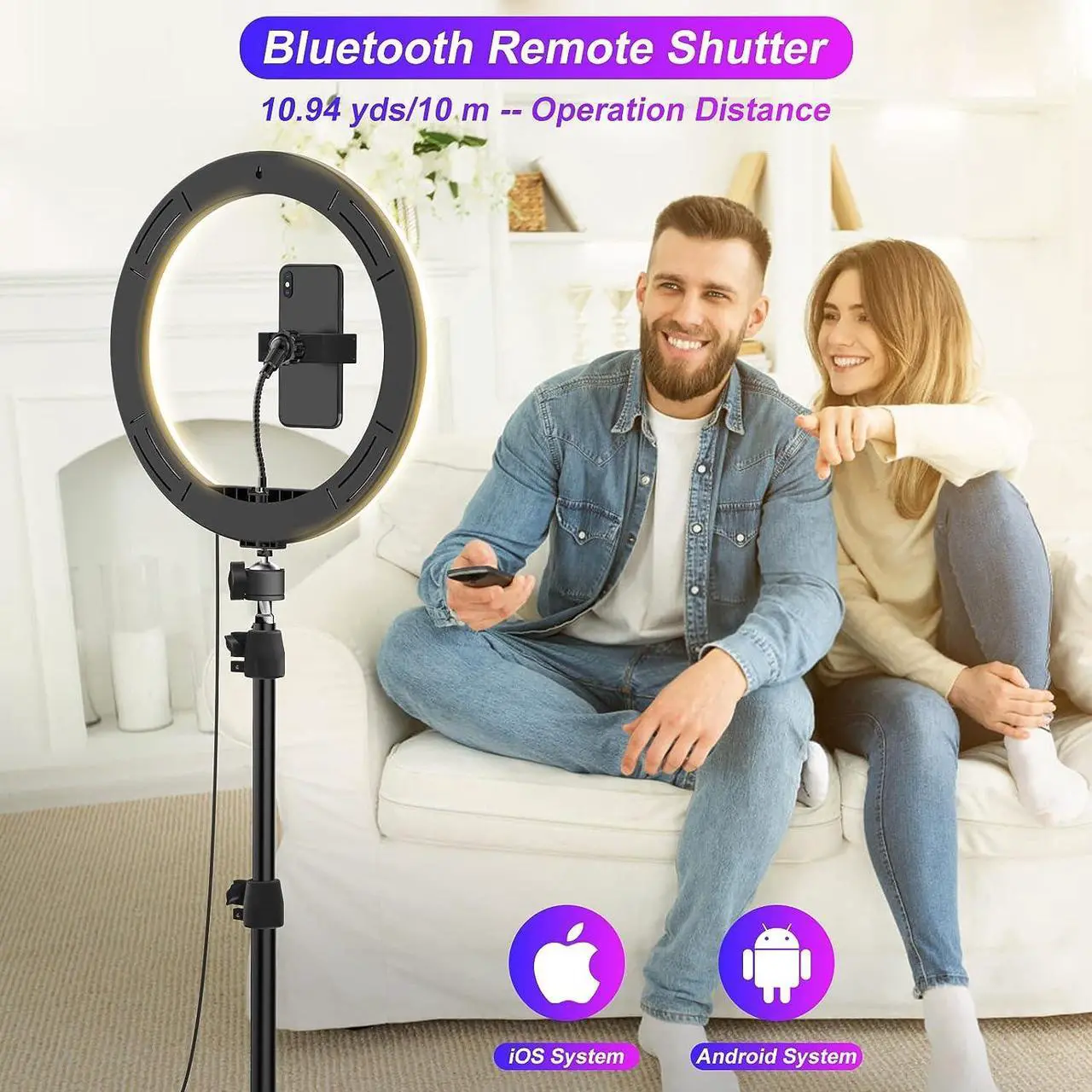 Alt view image 4 of 7 - 12.3" Ring Light with Stand 75 Tall and 2 Phone Holder, Ring Light Tripod for iPhone with 3 CCT Mode & 29 Color Modes, Remote Shutter, Desk Tripod, Great for Live Stream/Makeup/YouTube/TikTok