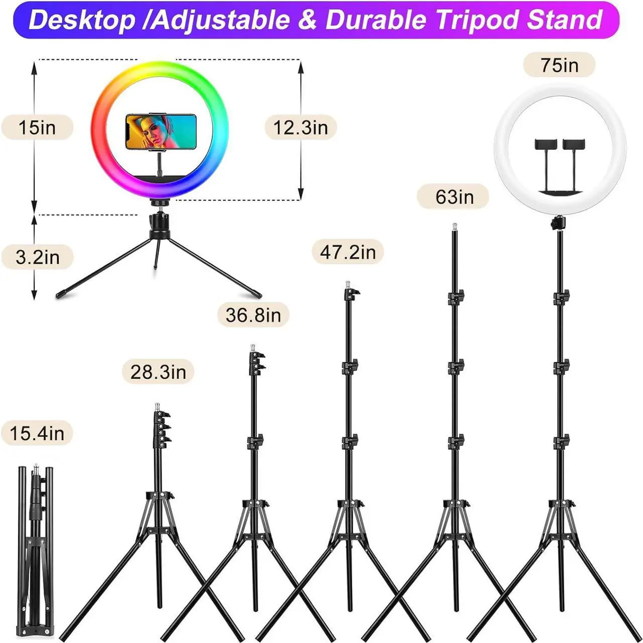Alt view image 5 of 7 - 12.3" Ring Light with Stand 75 Tall and 2 Phone Holder, Ring Light Tripod for iPhone with 3 CCT Mode & 29 Color Modes, Remote Shutter, Desk Tripod, Great for Live Stream/Makeup/YouTube/TikTok