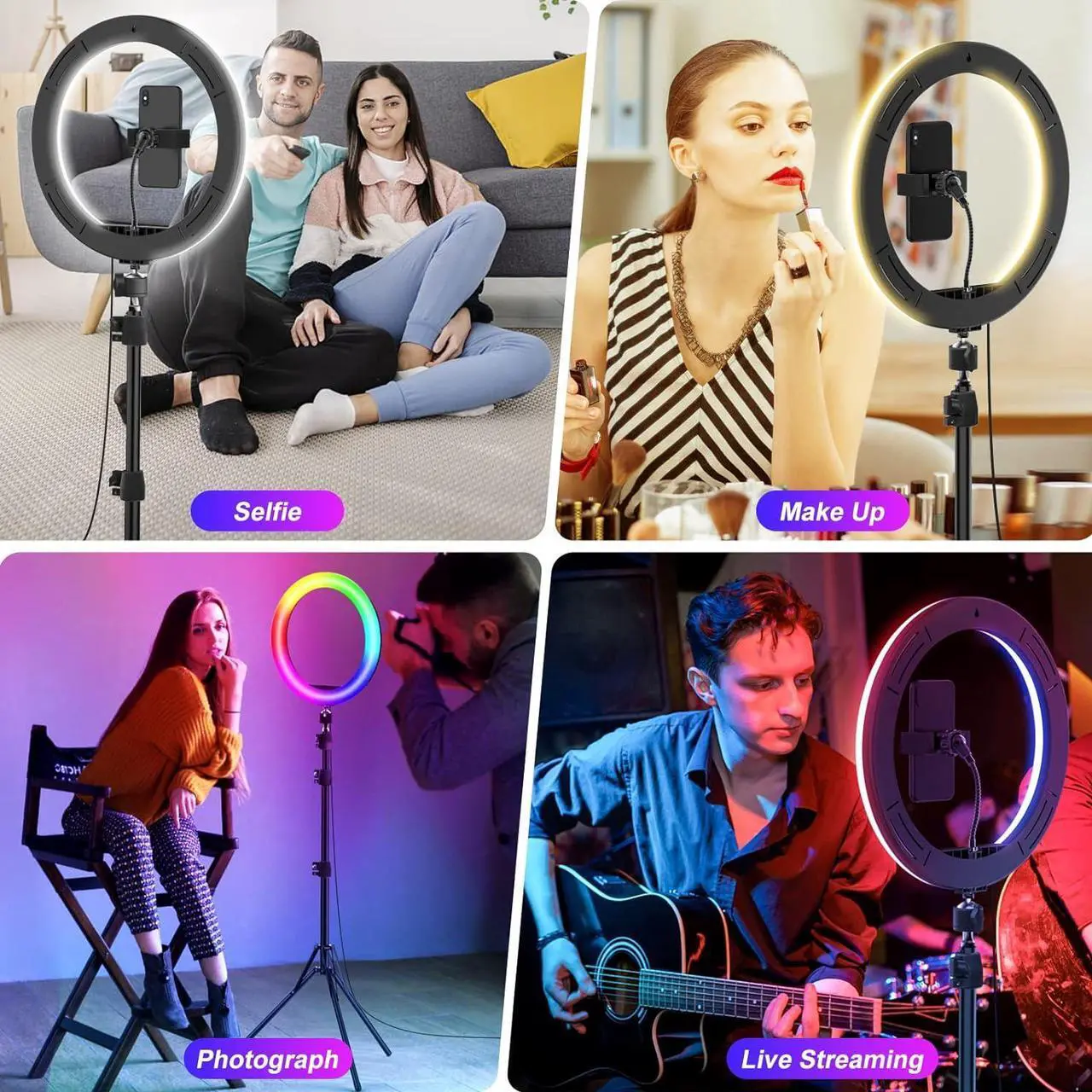 Alt view image 6 of 7 - 12.3" Ring Light with Stand 75 Tall and 2 Phone Holder, Ring Light Tripod for iPhone with 3 CCT Mode & 29 Color Modes, Remote Shutter, Desk Tripod, Great for Live Stream/Makeup/YouTube/TikTok