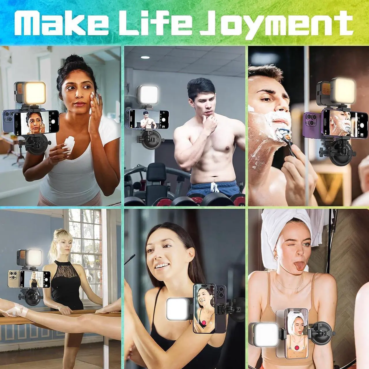 Alt view image 5 of 6 - Suction Cup Phone Mount with Rechargeable Light, Mirror Phone Holder with Light Shower Bathroom Kitchen, Mirror Tripod for TikTok YouTube Instagram Make Up Pics Video Content Creator