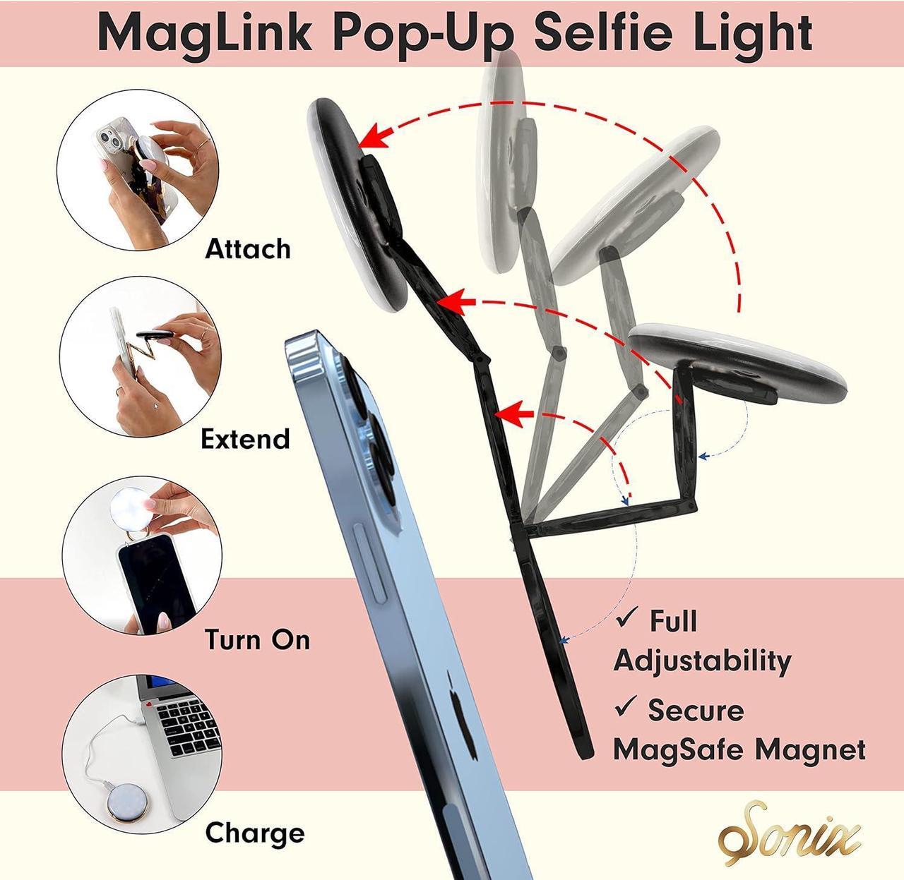 Alt view image 4 of 7 - Sonix MagLink Pop Up Selfie Light and Phone Ring Grip for MagSafe iPhone 15, 14, 13, 12 Series, Magnetic Fully Adjustable Round Ring Light