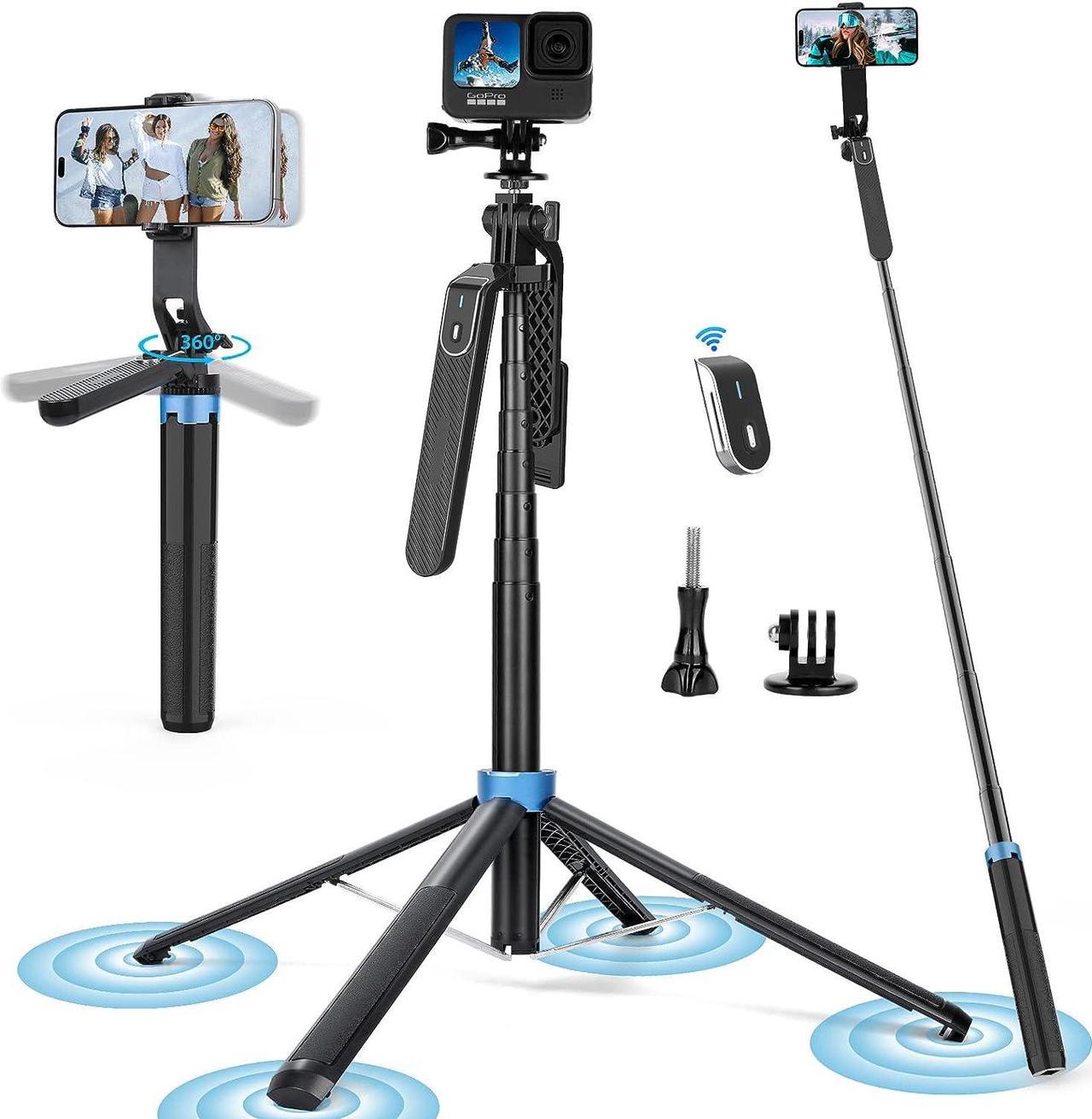 Eocean 71" Tall Selfie Stick Tripod Quadripod with Remote & with 360° Ballhead, Aluminum Alloy Extendable Cell Phone Tripod Stand, Travel Tripod Phone Holder Compatible with iPhone/Android/GoPro