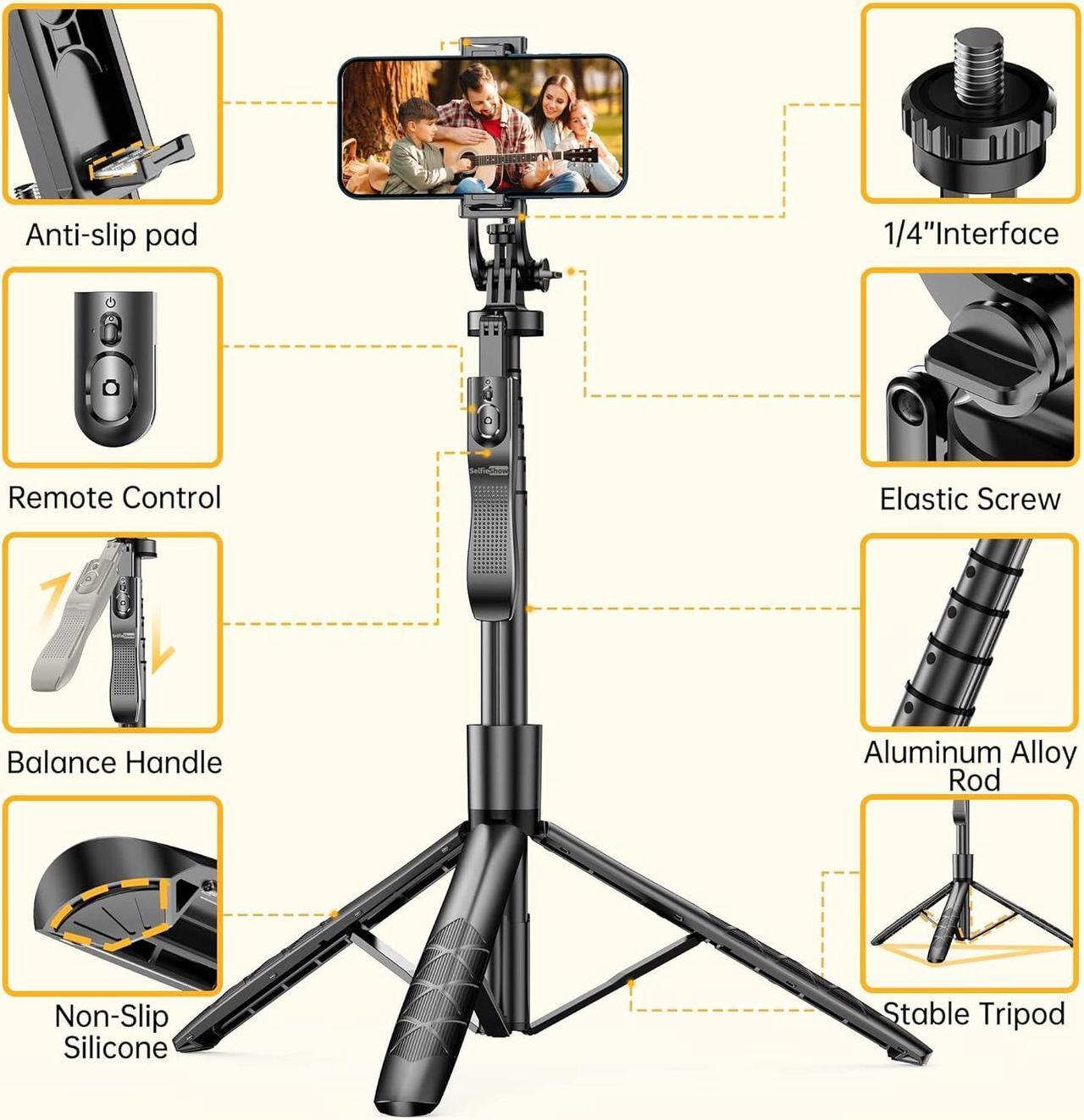 Alt view image 2 of 7 - 61" Selfie Stick Tripod, All in One Extendable Phone Tripod Stand with Wireless Remote 360° Rotation for iPhone and Android Phone Selfies, Video Recording, Vlogging, Live Streaming, Aluminum