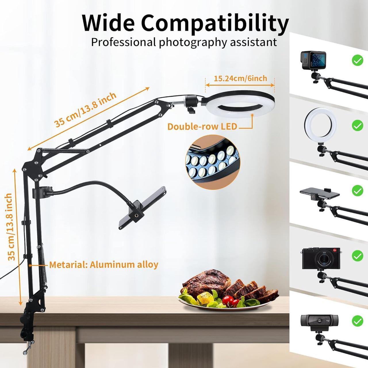 Alt view image 3 of 7 - Overhead Phone Mount for Recording with Ring Light, Desk Tripod Overhead Camera Mount with Ring Light, Flexible Cell Phone Stand Holder Compatible with iPhone for YouTube Live Stream Video Recording