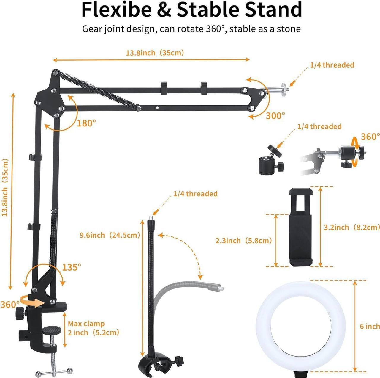 Alt view image 6 of 7 - Overhead Phone Mount for Recording with Ring Light, Desk Tripod Overhead Camera Mount with Ring Light, Flexible Cell Phone Stand Holder Compatible with iPhone for YouTube Live Stream Video Recording