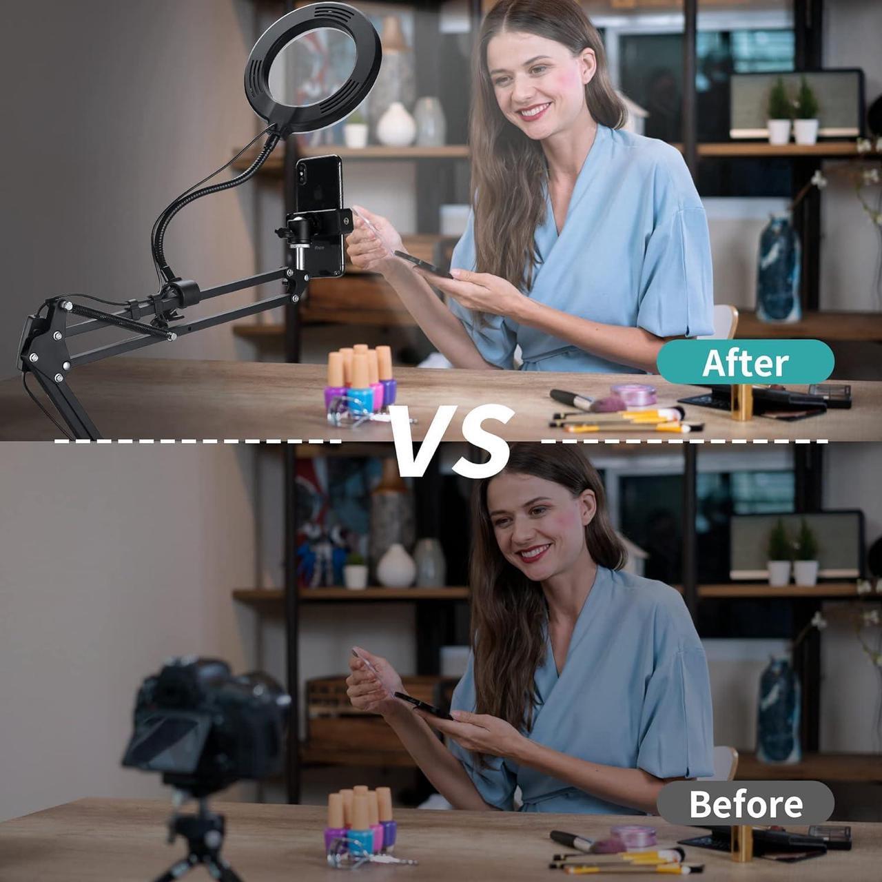 Alt view image 5 of 7 - Overhead Phone Mount for Recording with Ring Light, Desk Tripod Overhead Camera Mount with Ring Light, Flexible Cell Phone Stand Holder Compatible with iPhone for YouTube Live Stream Video Recording