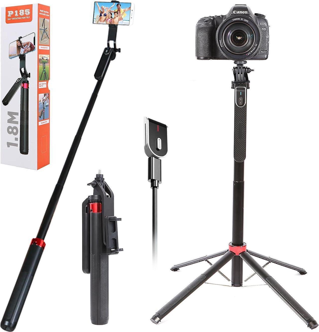 71" Tall Selfie Stick Tripod with Remote, Upgrade Aluminum Alloy Quadripod, Extendable Anti-Shake Selfie Stick with Balance Handle 1/4 Screw, Compatible with iPhone/Android/GoPro/Insta360