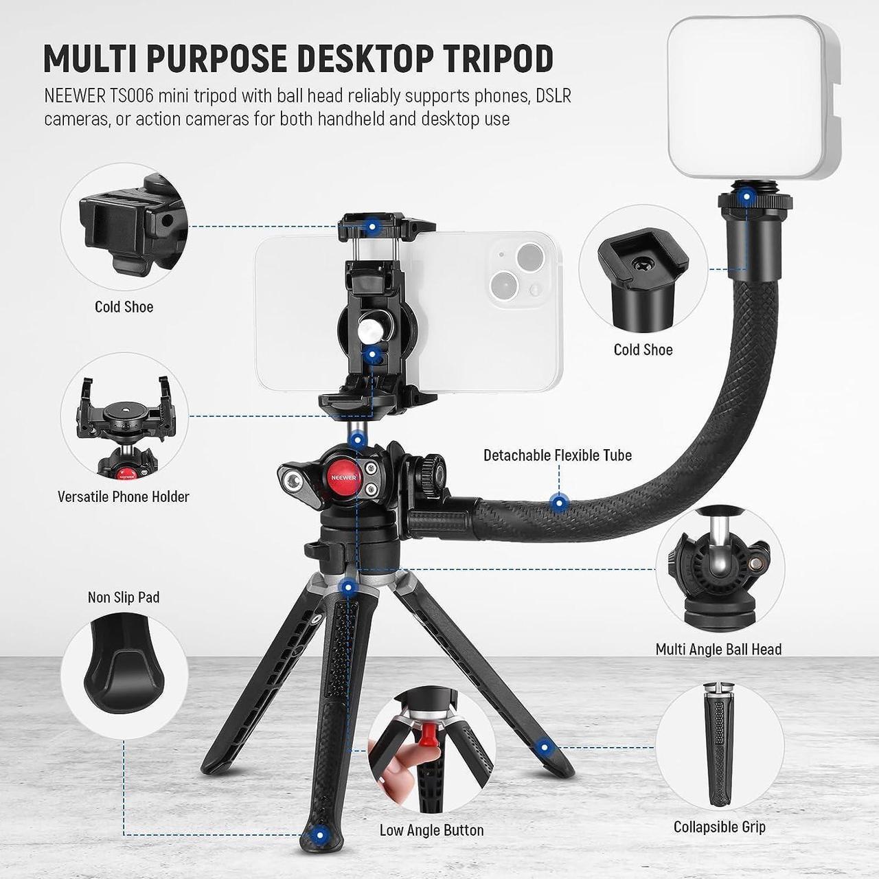 Alt view image 2 of 7 - NEEWER Mini Camera Tripod with 2in1 Phone Holder/Action Camera Adapter/Flexible Arm, Portable Travel Tripod Compatible with GoPro Hero 12 iPhone 15 Pro Max for Vlogging Filming Video Recording, TS006
