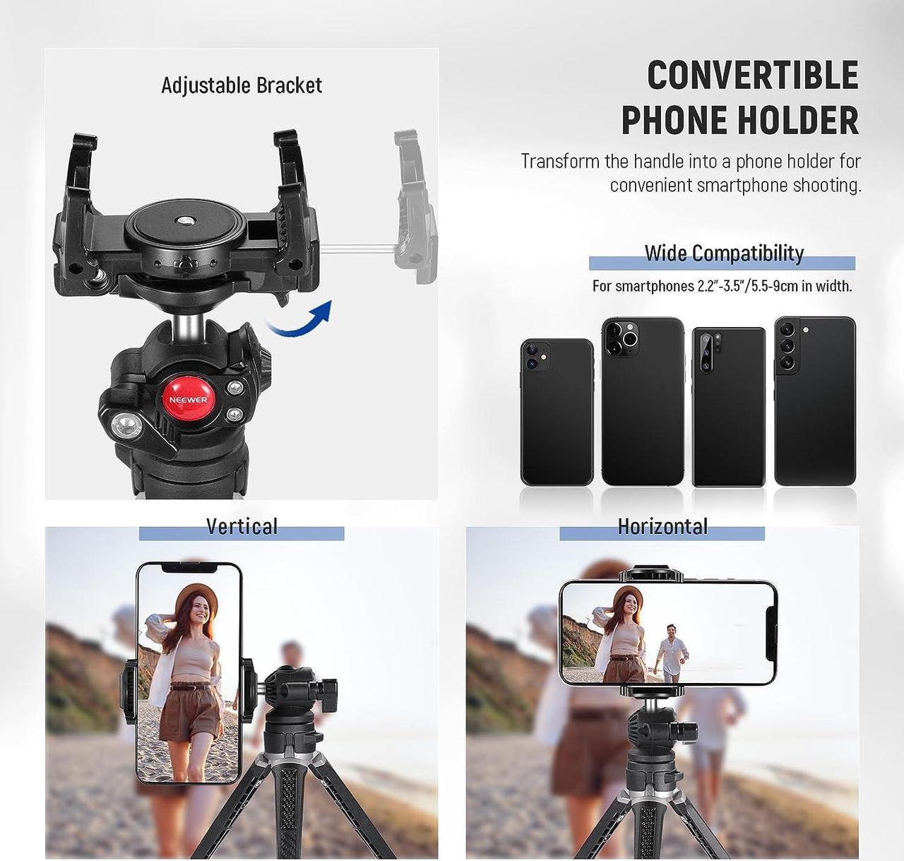 Alt view image 5 of 7 - NEEWER Mini Camera Tripod with 2in1 Phone Holder/Action Camera Adapter/Flexible Arm, Portable Travel Tripod Compatible with GoPro Hero 12 iPhone 15 Pro Max for Vlogging Filming Video Recording, TS006