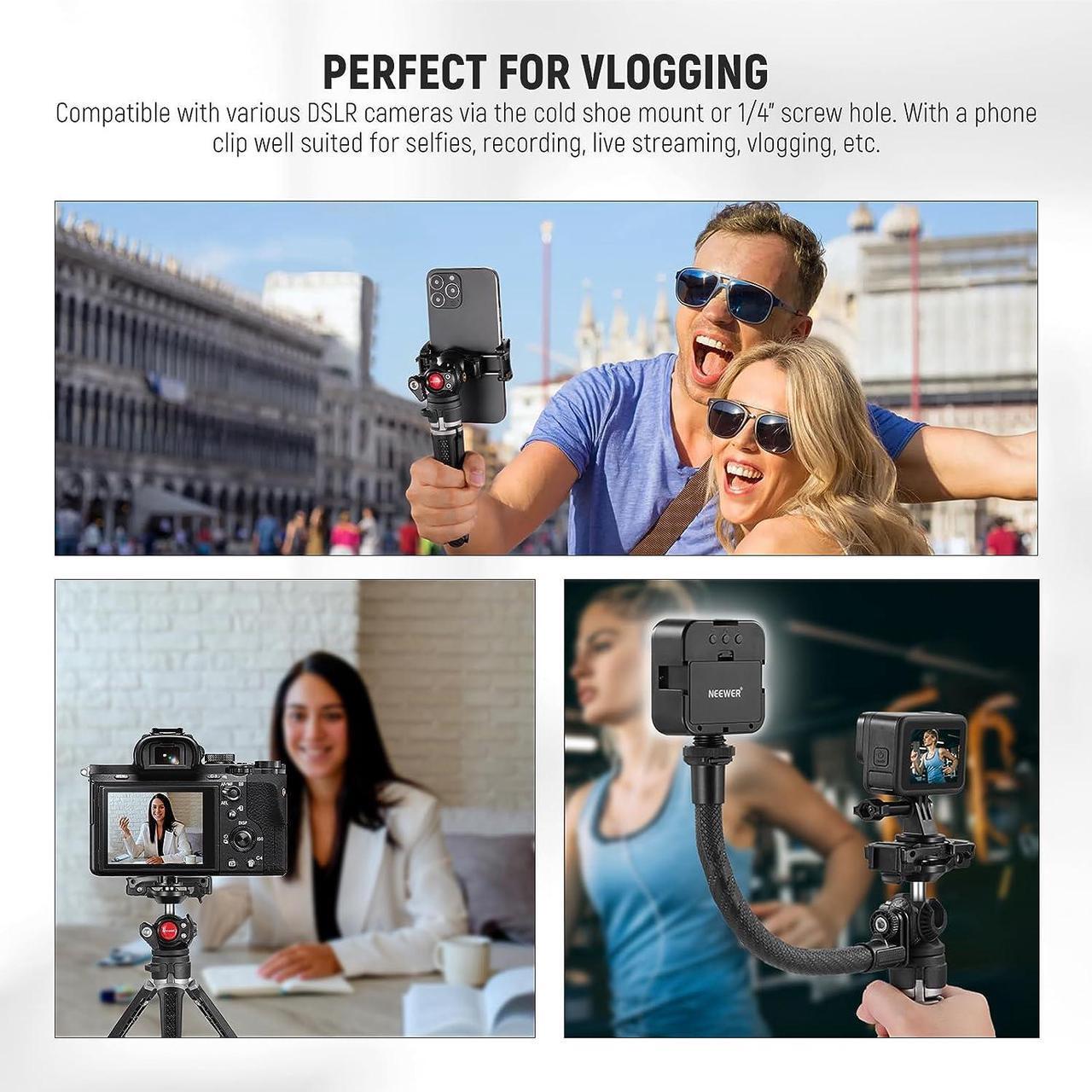 Alt view image 7 of 7 - NEEWER Mini Camera Tripod with 2in1 Phone Holder/Action Camera Adapter/Flexible Arm, Portable Travel Tripod Compatible with GoPro Hero 12 iPhone 15 Pro Max for Vlogging Filming Video Recording, TS006