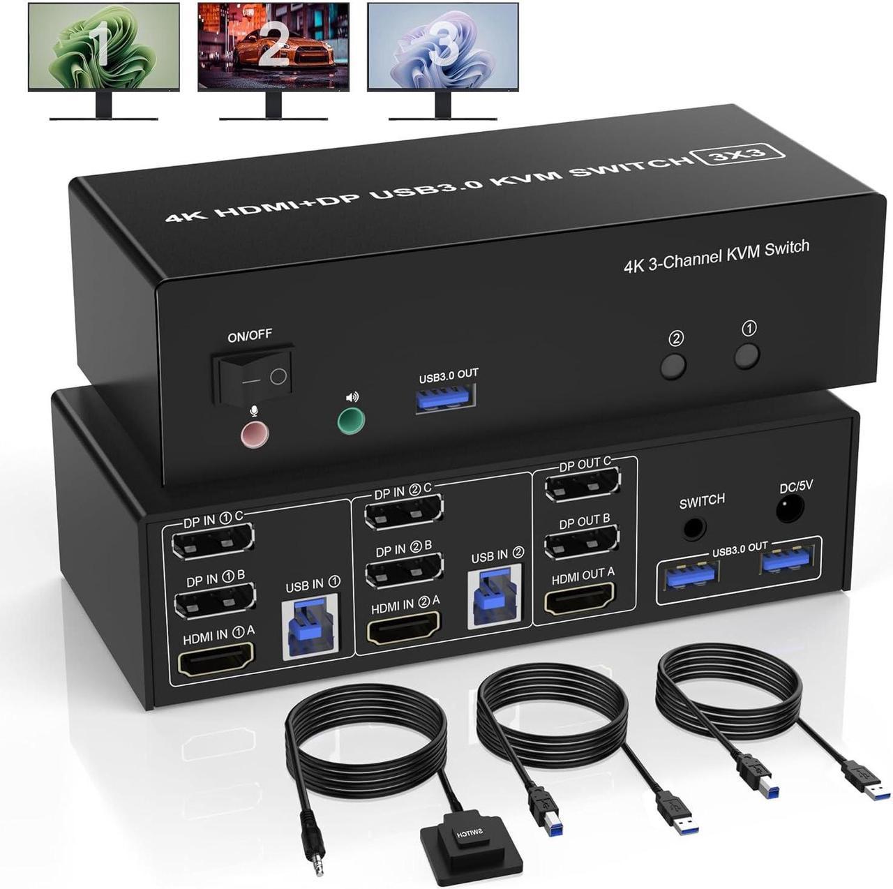 USB 3.0 HDMI + 2 DisplayPort KVM Switch 3 Monitors 2 Computers, 4K@60Hz Triple Monitor KVM Switch for 2 Computers Share 3 Monitors with 3 USB 3.0 Ports and Audio Microphone, Keyboard Mouse Switcher