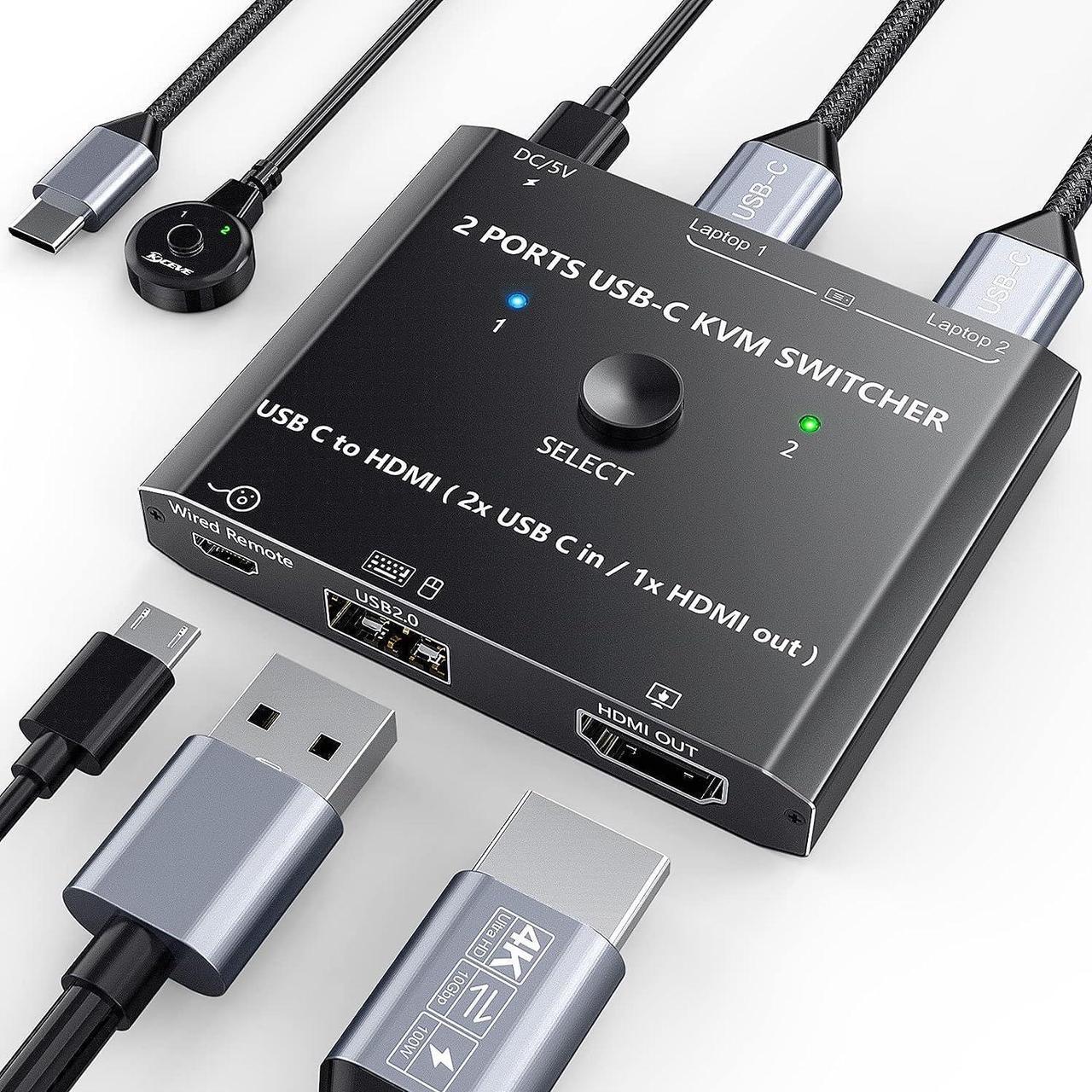 USB Type C KVM Switch 4K@60Hz, 2-Port Type C to HDMI Switcher for 2 USB-C Port Laptops Share 1 HDMI Monitor and USB Devices, with Wired Remote and USB-C Cable