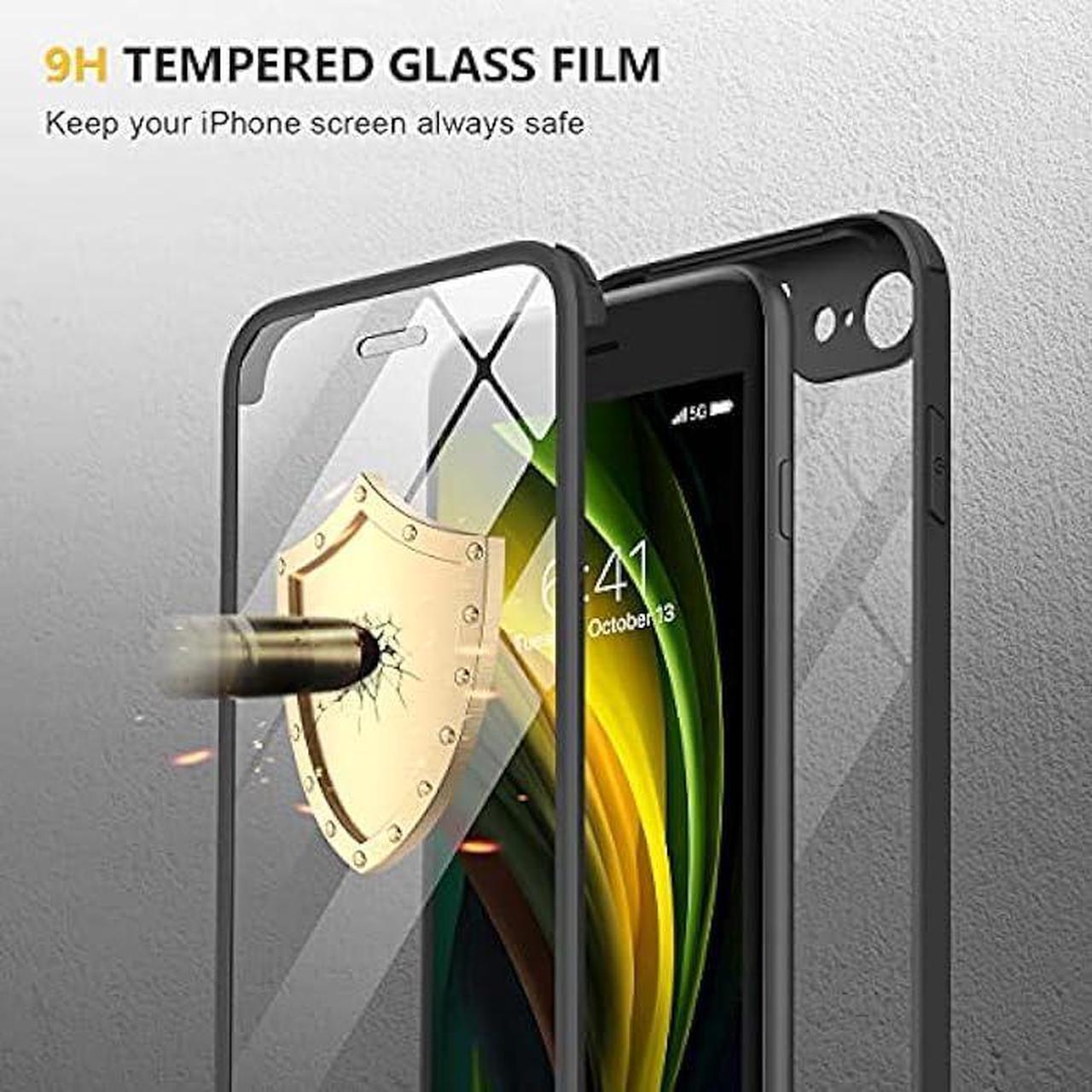 Alt view image 6 of 6 - Miracase iPhone SE Case 2020 2022/ iPhone 8 Case, Full-Body Glass Back with Built-in Glass Screen Protector, Rugged iPhone SE Phone Case 3rd Generation/ 2nd Gen, Clear Hard Cover Bumper for SE, Black