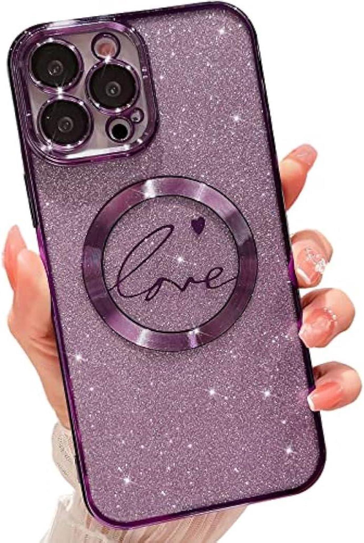 Main image of MGQILING Compatible with iPhone 14 Pro Max Magnetic Glitter Case-6.7 Inch, Luxury Love Heart Pattern Plating Clear Case, Compatible with MagSafe for Women Girls Shockproof Back Cover-Purple