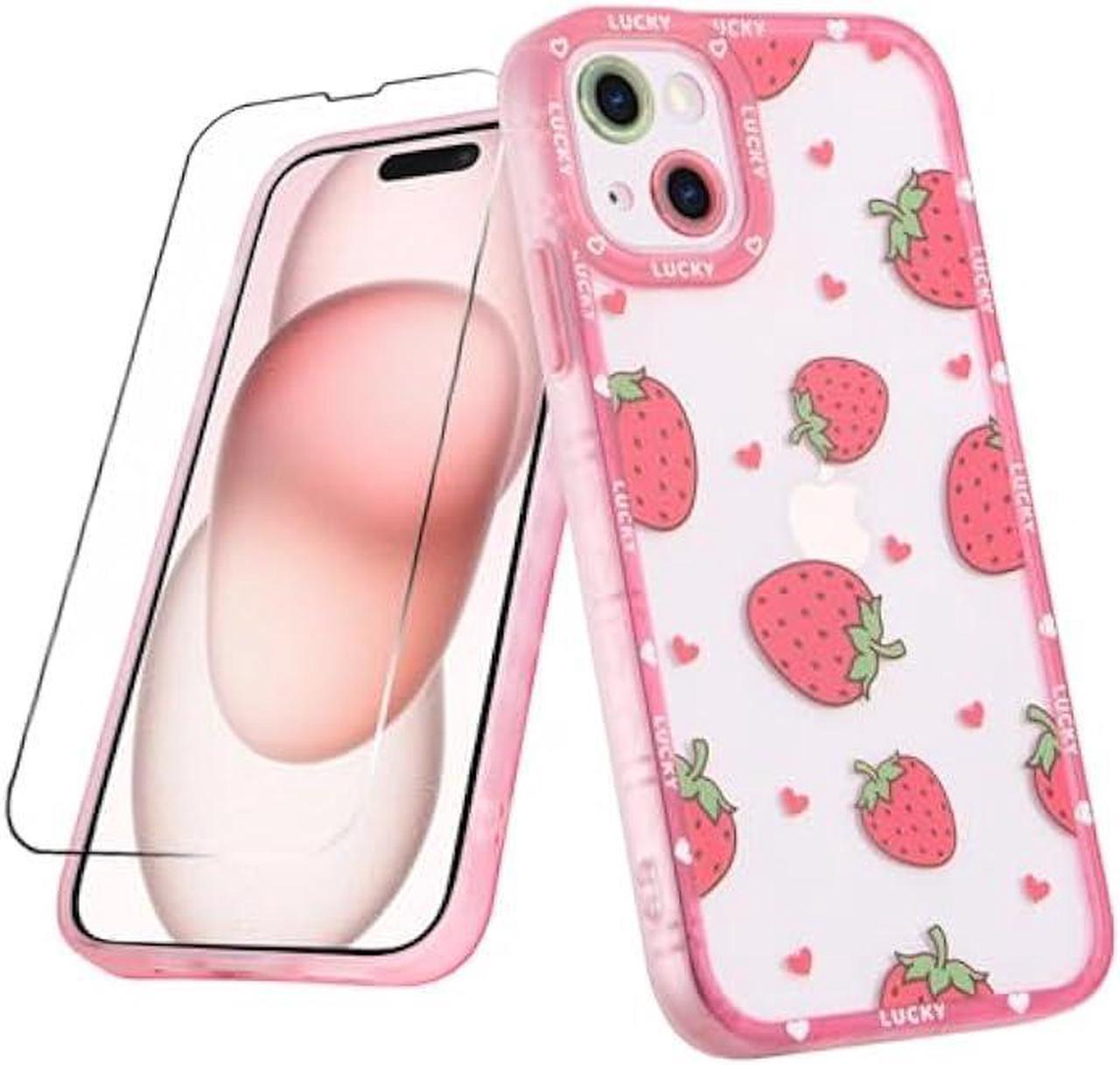 Main image of MZELQ Compatible with iPhone 15 Case Pink Strawberry Cute Pattern Soft TPU Case for Girls Women + 1* Screen Protector, Camera Hole Protective Phone Case