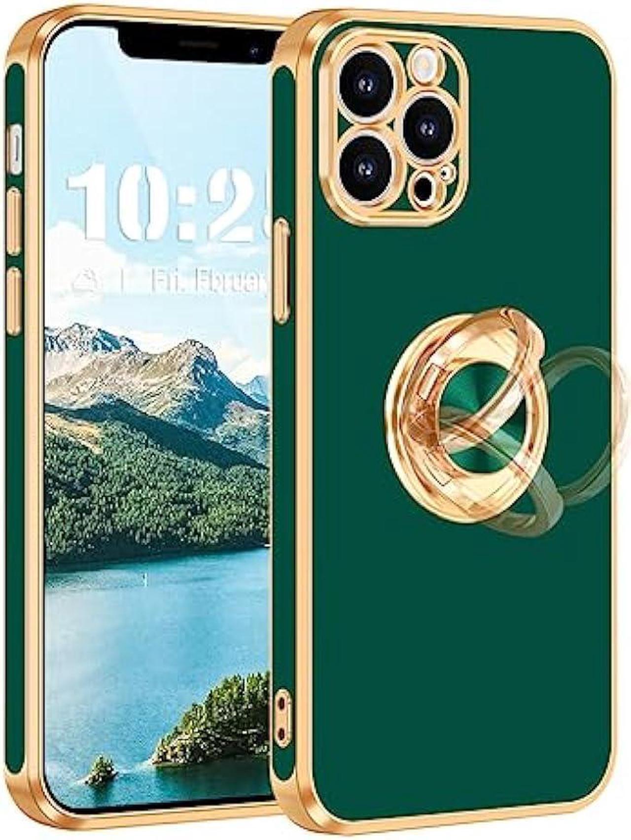 Main image of Fingic iPhone 12 Pro Case,iPhone 12 Pro Phone Case with Stand Ring Holder,360° Rotatable Magnetic Kickstand Shiny Plating Gold Edge Slim Soft TPU Shockproof Protective Cover Women Men,Midnight Green