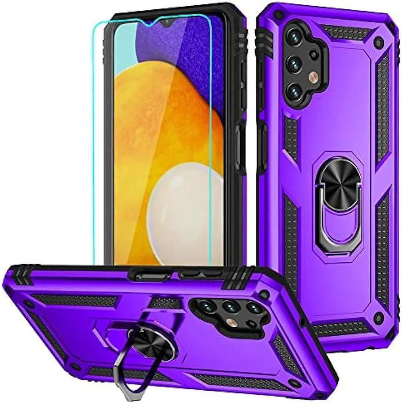 Main image of Galaxy A13 4G Case, Samsung A13 4G Case with HD Screen Protector, Androgate Military-Grade Ring Holder Kickstand Car Mount 15ft Drop Tested Cover Phone Case for Samsung Galaxy A13 4G, Purple