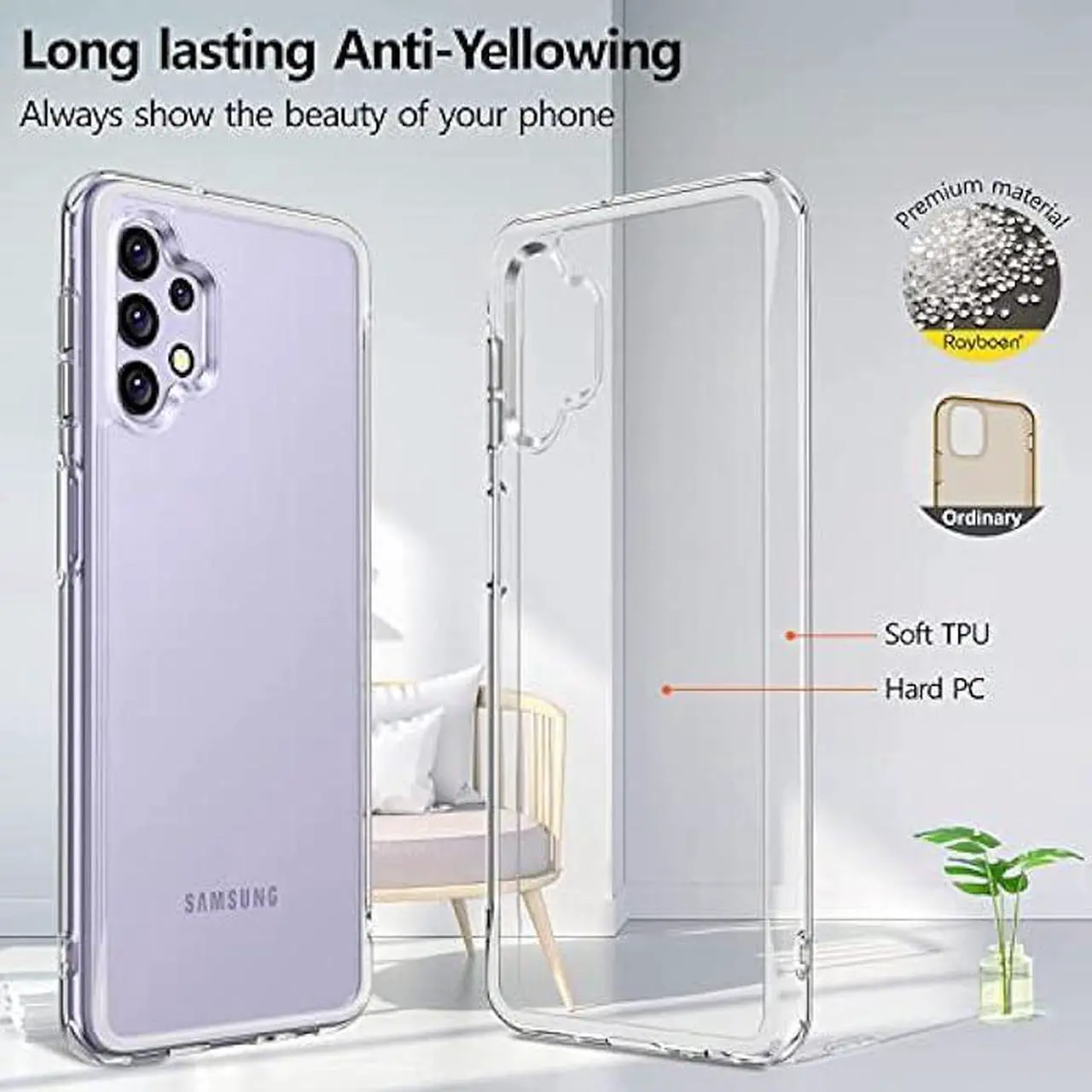 Alt view image 6 of 6 - Rayboen for Samsung Galaxy A32 5G Case Diamond Clear Designed [Anti-Yellowing] Shockproof Phone Case, Hard Back & Soft TPU Bumper Hybrid Transparent Cover for Galaxy A32 5G Phone Case 6.5 inch
