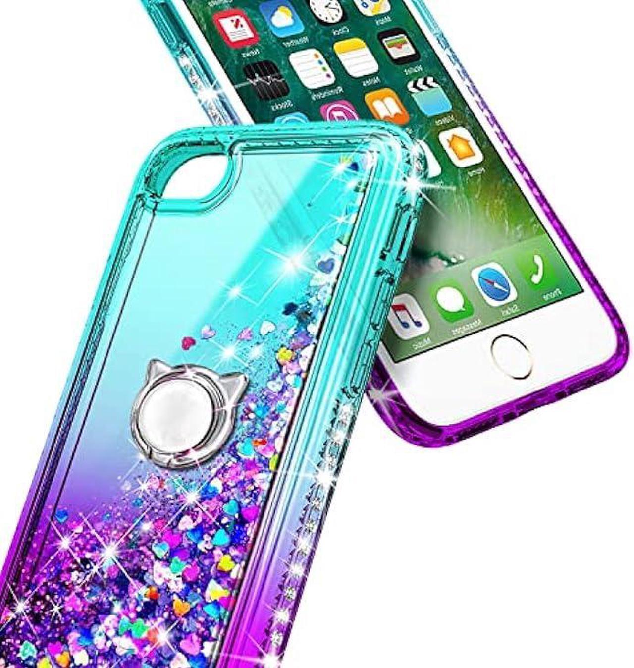 Alt view image 3 of 7 - NGB Compatible for iPhone 8 Plus Case, iPhone 7 Plus /6 Plus /6S Plus with Tempered Glass Screen Protector, Ring Holder, Girls Women Kids Liquid Bling Sparkle Glitter Cute Case (Aqua/Purple)