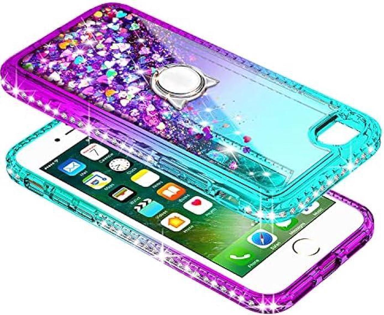 Alt view image 4 of 7 - NGB Compatible for iPhone 8 Plus Case, iPhone 7 Plus /6 Plus /6S Plus with Tempered Glass Screen Protector, Ring Holder, Girls Women Kids Liquid Bling Sparkle Glitter Cute Case (Aqua/Purple)