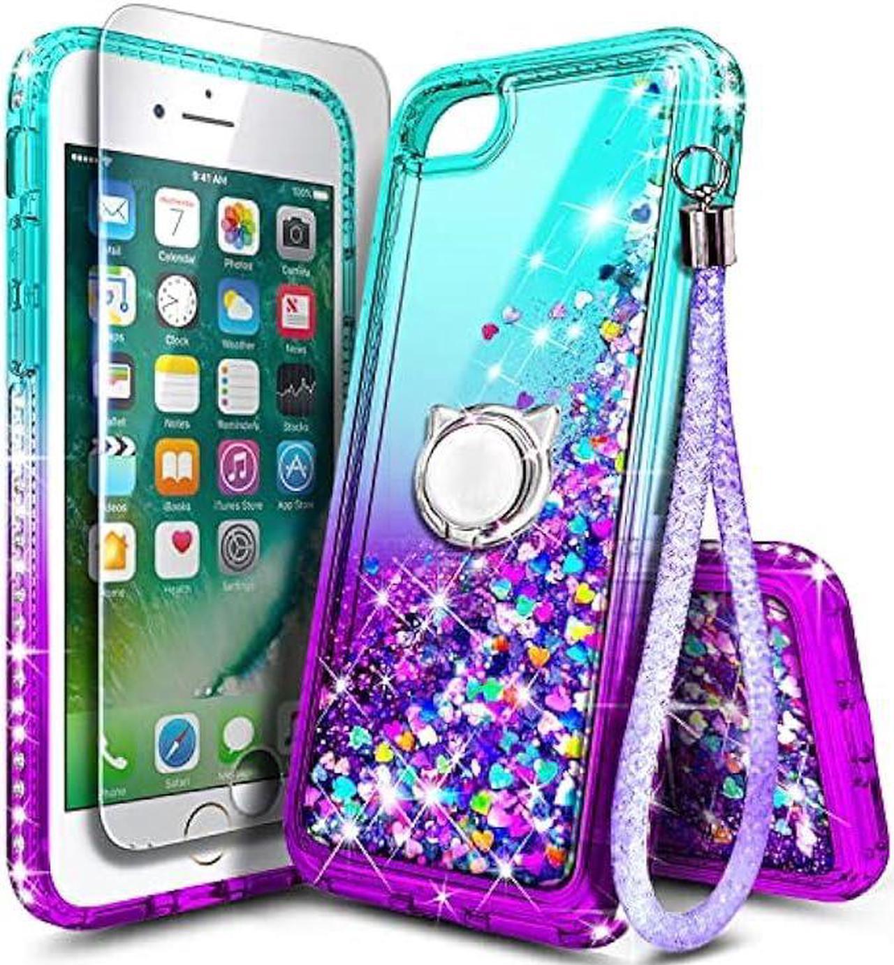 Alt view image 7 of 7 - NGB Compatible for iPhone 8 Plus Case, iPhone 7 Plus /6 Plus /6S Plus with Tempered Glass Screen Protector, Ring Holder, Girls Women Kids Liquid Bling Sparkle Glitter Cute Case (Aqua/Purple)