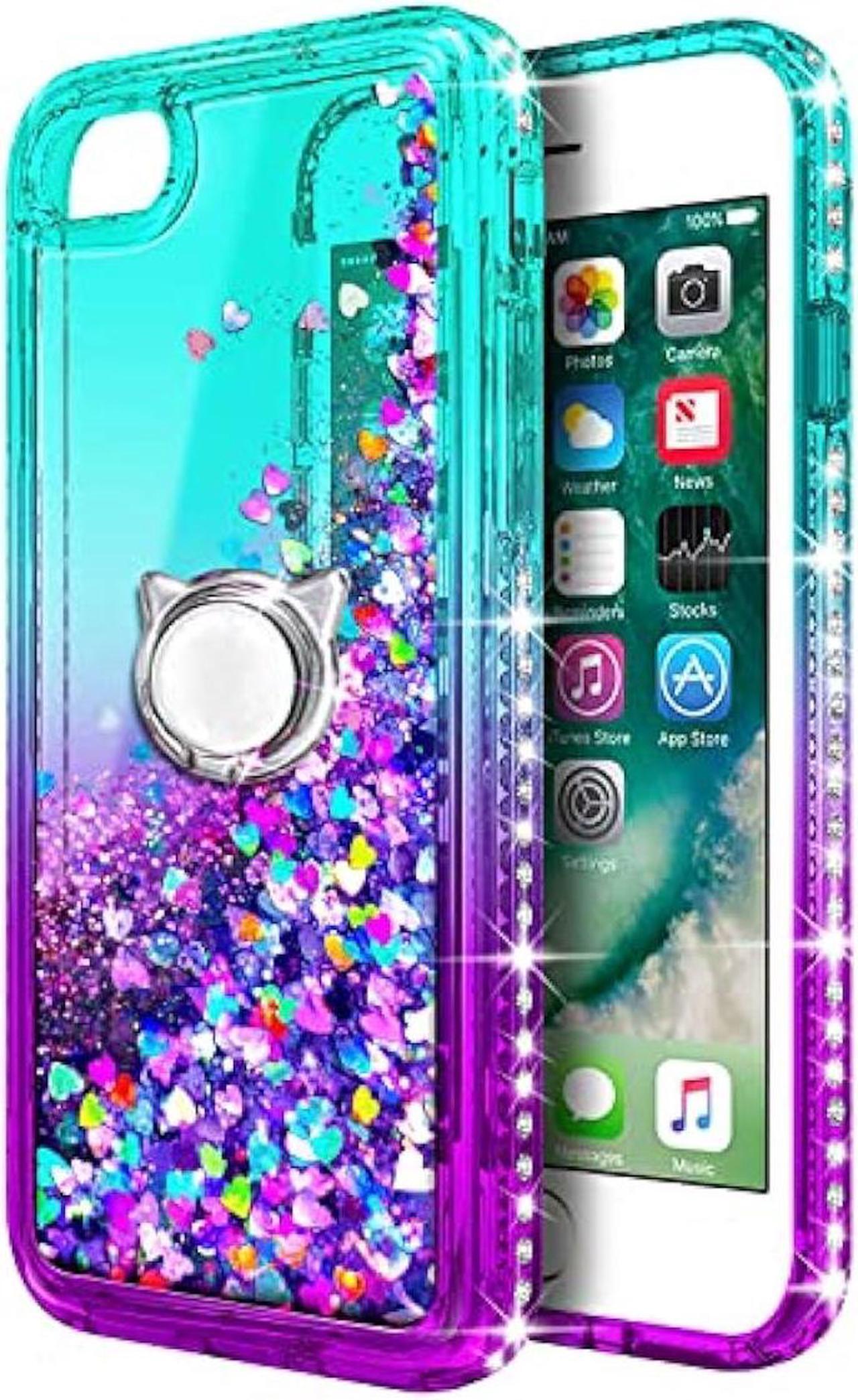 Alt view image 2 of 7 - NGB Compatible for iPhone 8 Plus Case, iPhone 7 Plus /6 Plus /6S Plus with Tempered Glass Screen Protector, Ring Holder, Girls Women Kids Liquid Bling Sparkle Glitter Cute Case (Aqua/Purple)