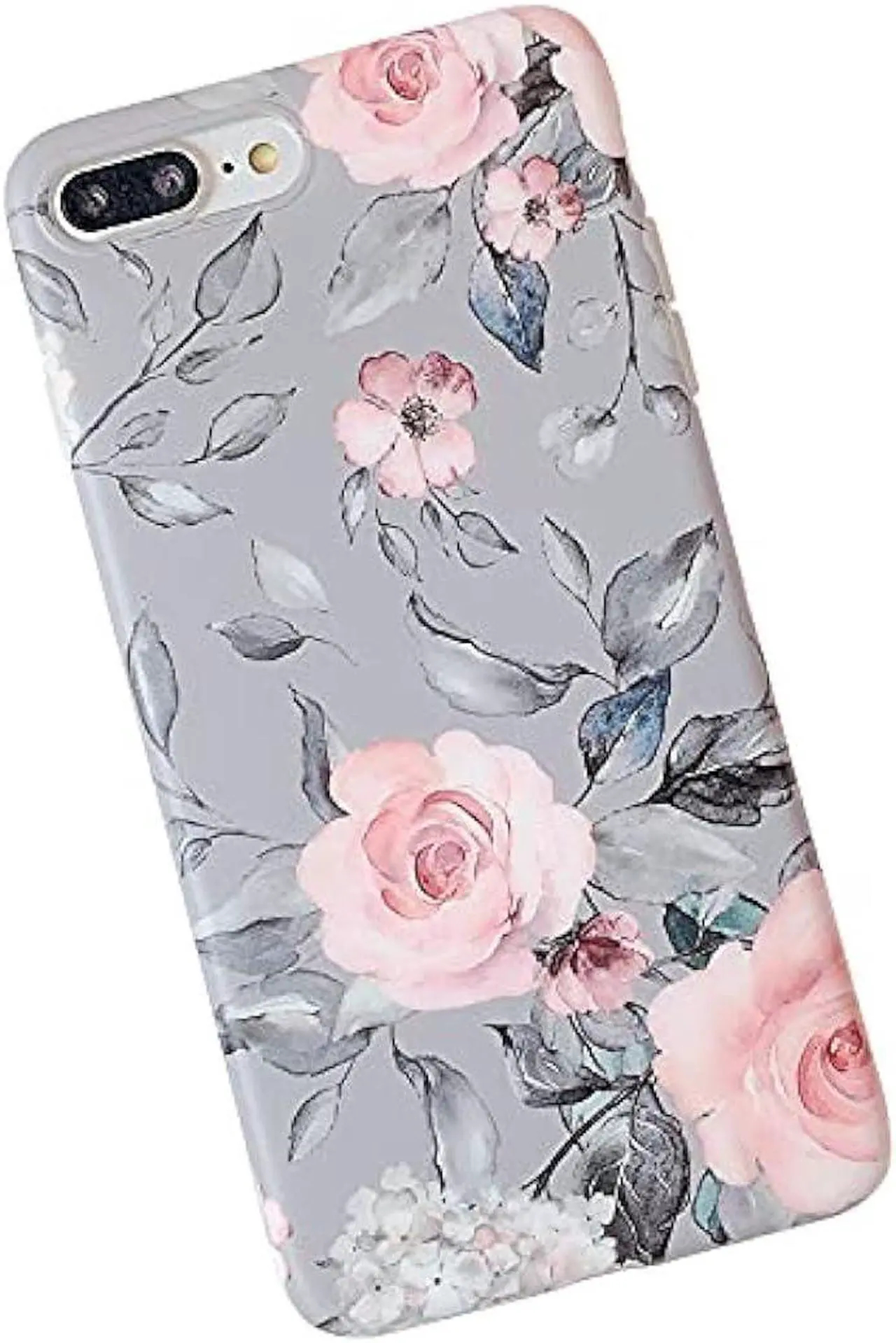 Main image of YeLoveHaw iPhone 8 Plus / 7 Plus Case for Girls, Flexible Soft Slim Fit Full-Around Protective Cute Phone Case Cover with Purple Floral and Gray Leaves Pattern for iPhone 7Plus / 8Plus (Pink Flowers)