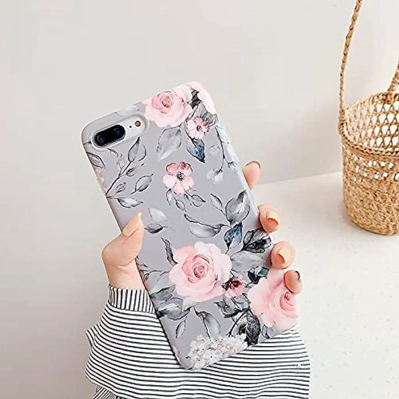 Alt view image 2 of 6 - YeLoveHaw iPhone 8 Plus / 7 Plus Case for Girls, Flexible Soft Slim Fit Full-Around Protective Cute Phone Case Cover with Purple Floral and Gray Leaves Pattern for iPhone 7Plus / 8Plus (Pink Flowers)