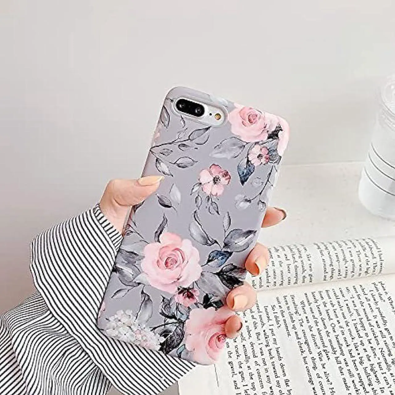 Alt view image 3 of 6 - YeLoveHaw iPhone 8 Plus / 7 Plus Case for Girls, Flexible Soft Slim Fit Full-Around Protective Cute Phone Case Cover with Purple Floral and Gray Leaves Pattern for iPhone 7Plus / 8Plus (Pink Flowers)