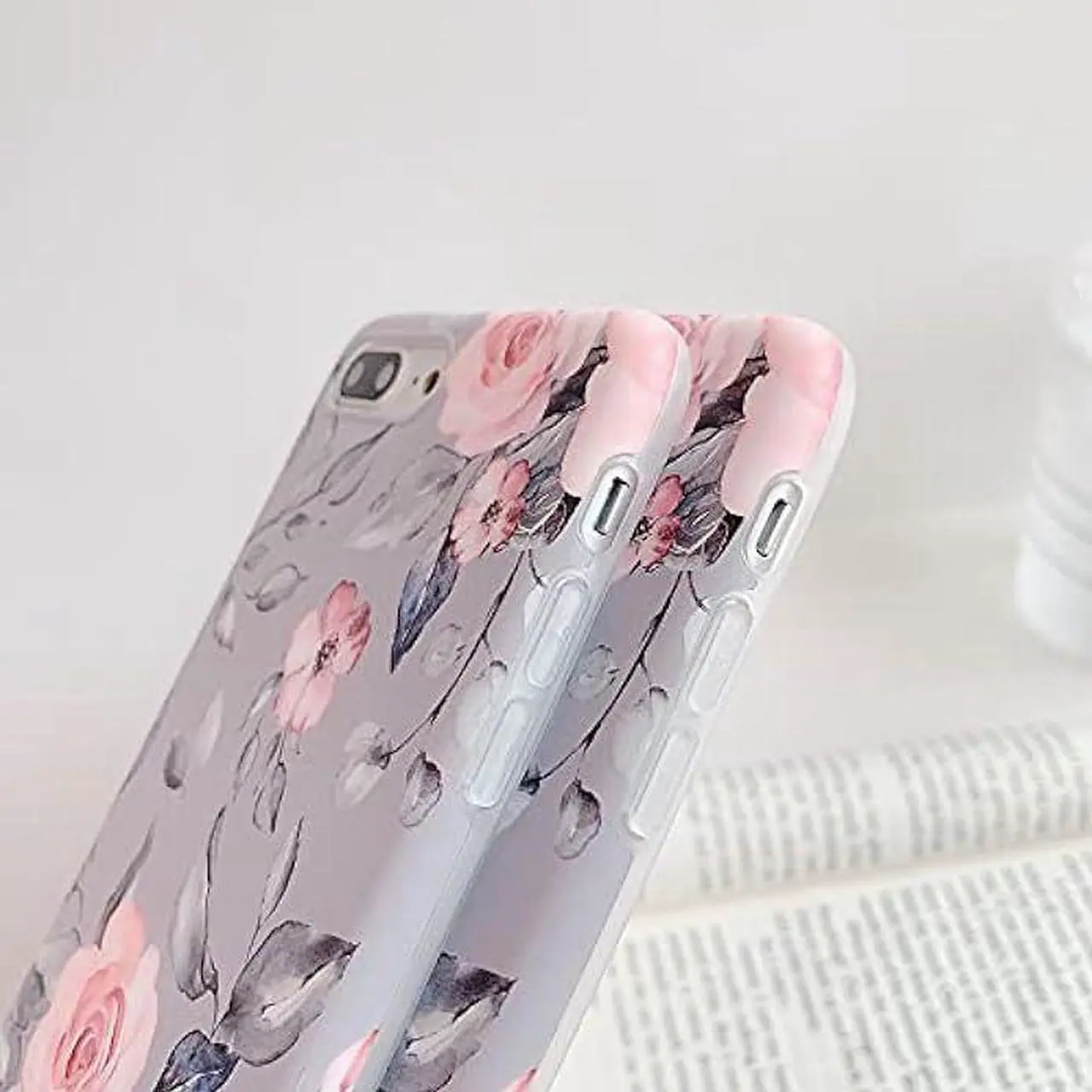 Alt view image 6 of 6 - YeLoveHaw iPhone 8 Plus / 7 Plus Case for Girls, Flexible Soft Slim Fit Full-Around Protective Cute Phone Case Cover with Purple Floral and Gray Leaves Pattern for iPhone 7Plus / 8Plus (Pink Flowers)