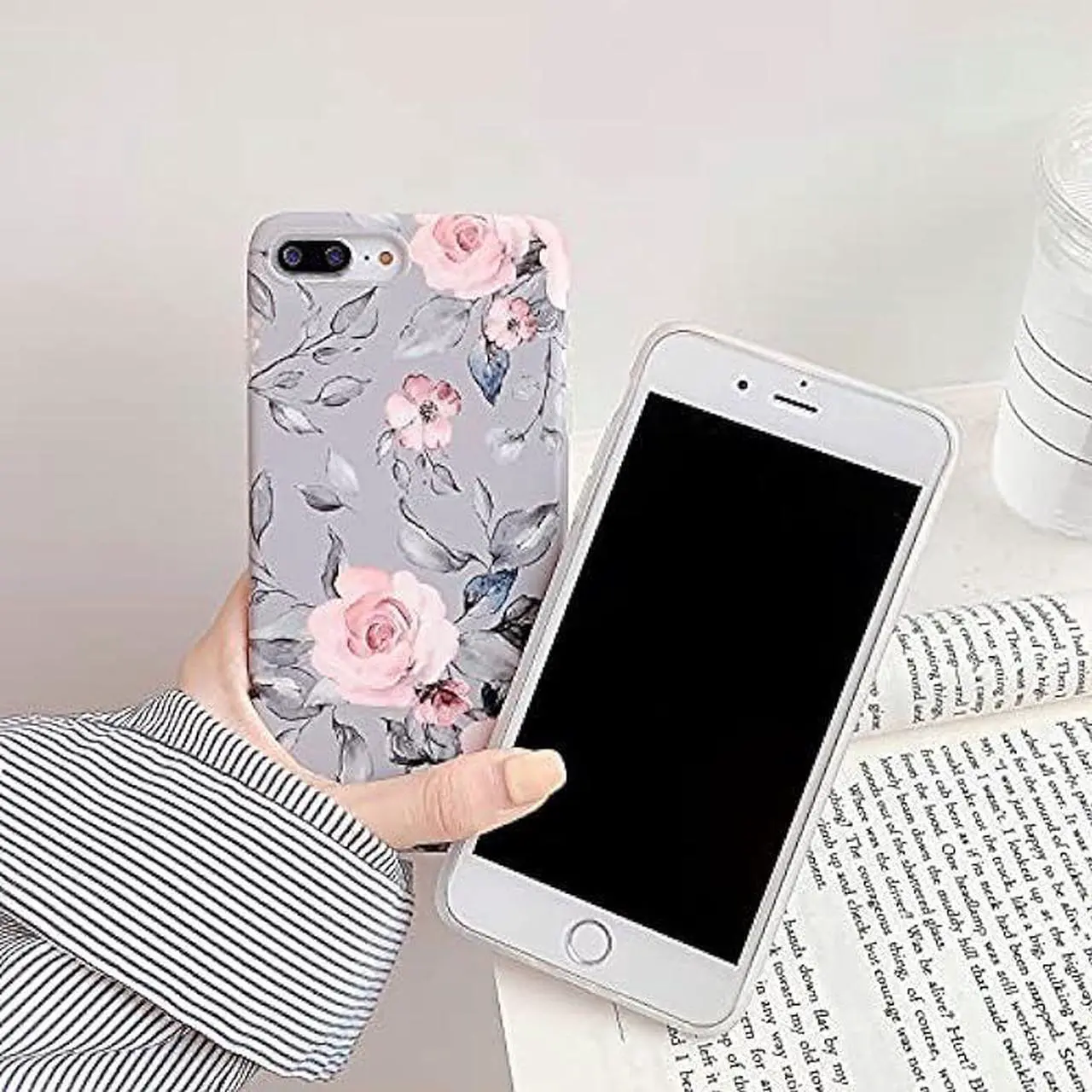 Alt view image 5 of 6 - YeLoveHaw iPhone 8 Plus / 7 Plus Case for Girls, Flexible Soft Slim Fit Full-Around Protective Cute Phone Case Cover with Purple Floral and Gray Leaves Pattern for iPhone 7Plus / 8Plus (Pink Flowers)