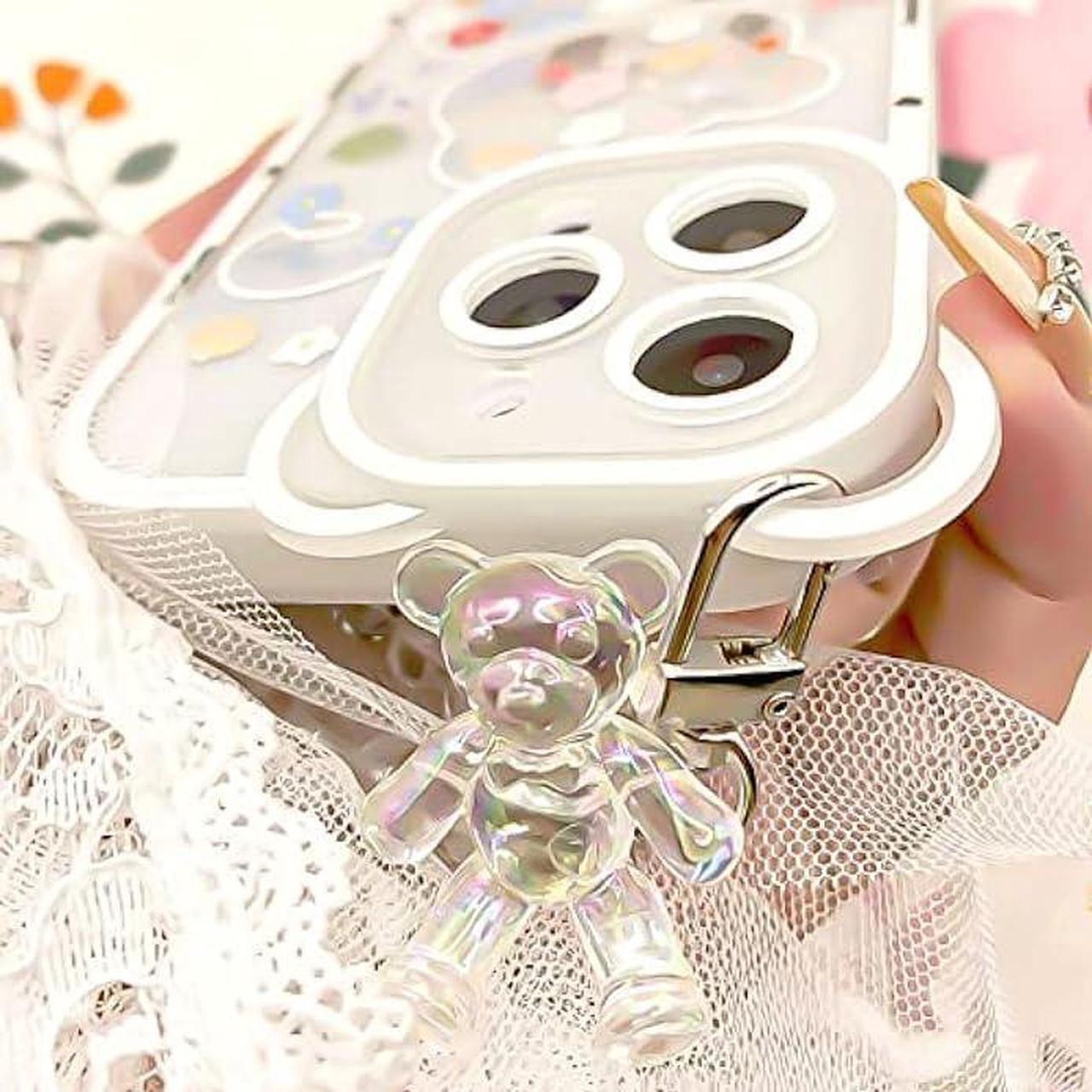 Alt view image 4 of 5 - Kawaii Phone Case for iphone 7 Plus/8 Plus with Cute Teddy Bear Wrist Strap Bracelet Chain & Aesthetic Flower Love Heart Floral Pretty Lovely Adorable Phone Cases Design for Girl Women - Colorful
