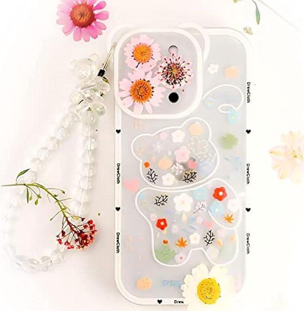 Alt view image 5 of 5 - Kawaii Phone Case for iphone 7 Plus/8 Plus with Cute Teddy Bear Wrist Strap Bracelet Chain & Aesthetic Flower Love Heart Floral Pretty Lovely Adorable Phone Cases Design for Girl Women - Colorful