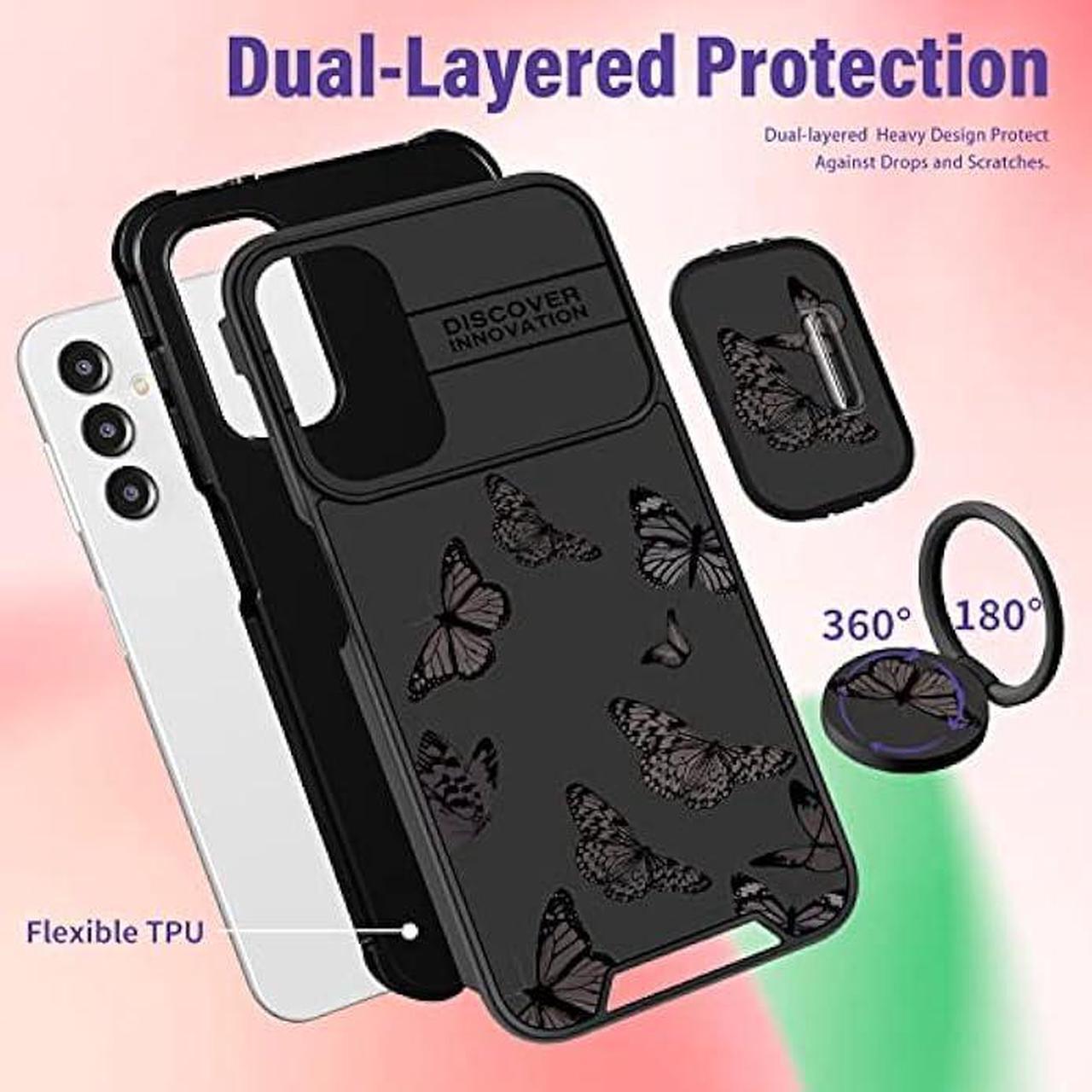 Alt view image 6 of 6 - Funermei (2in1 for Samsung Galaxy A13 5G Case for Women Butterfly Cute Girls Phone Cover Girly Pretty Aesthetic Black Butterfly Design with Camera Cover and Ring Stand Funda for Samsung A13 5G Case