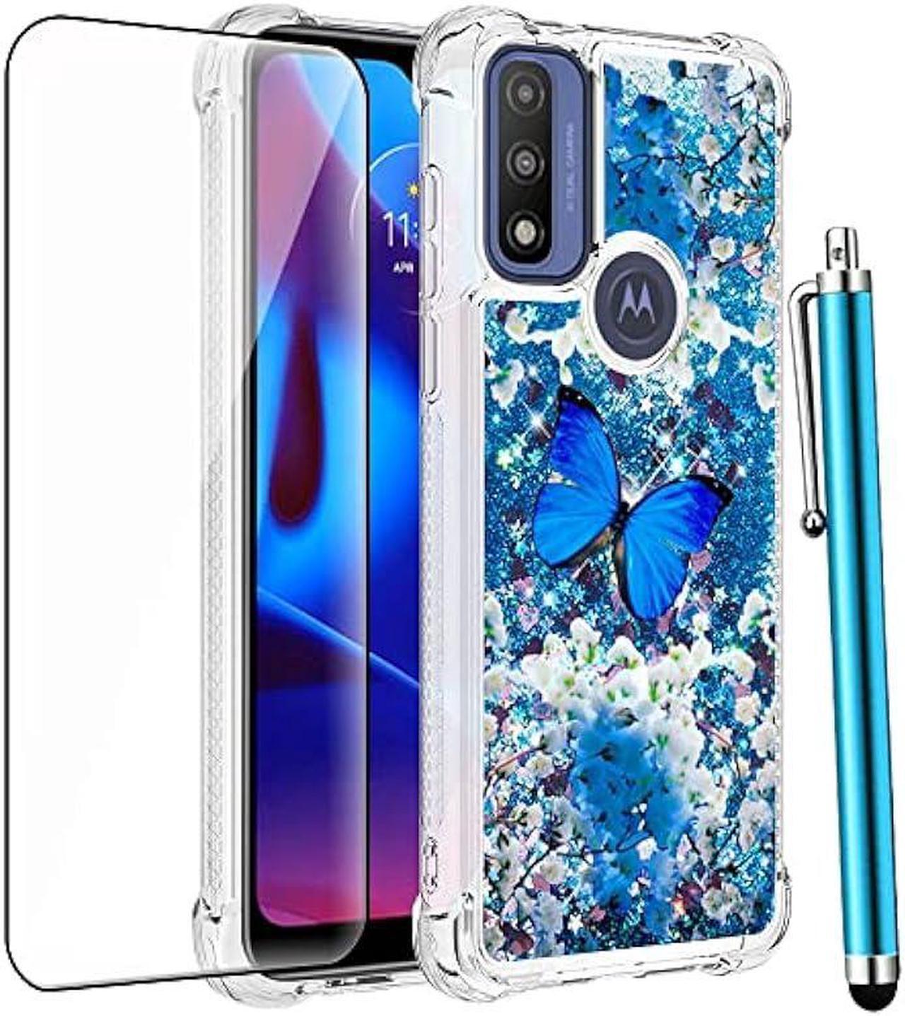 Main image of CAIYUNL for Moto G Pure Case with Glass Screen Protector,Moto G Power 2022 Case Glitter Bling Floating Liquid Cute Women Girls Soft TPU Phone Case Cover for Motorola G Pure/G Power 2022-Blue Butterfly