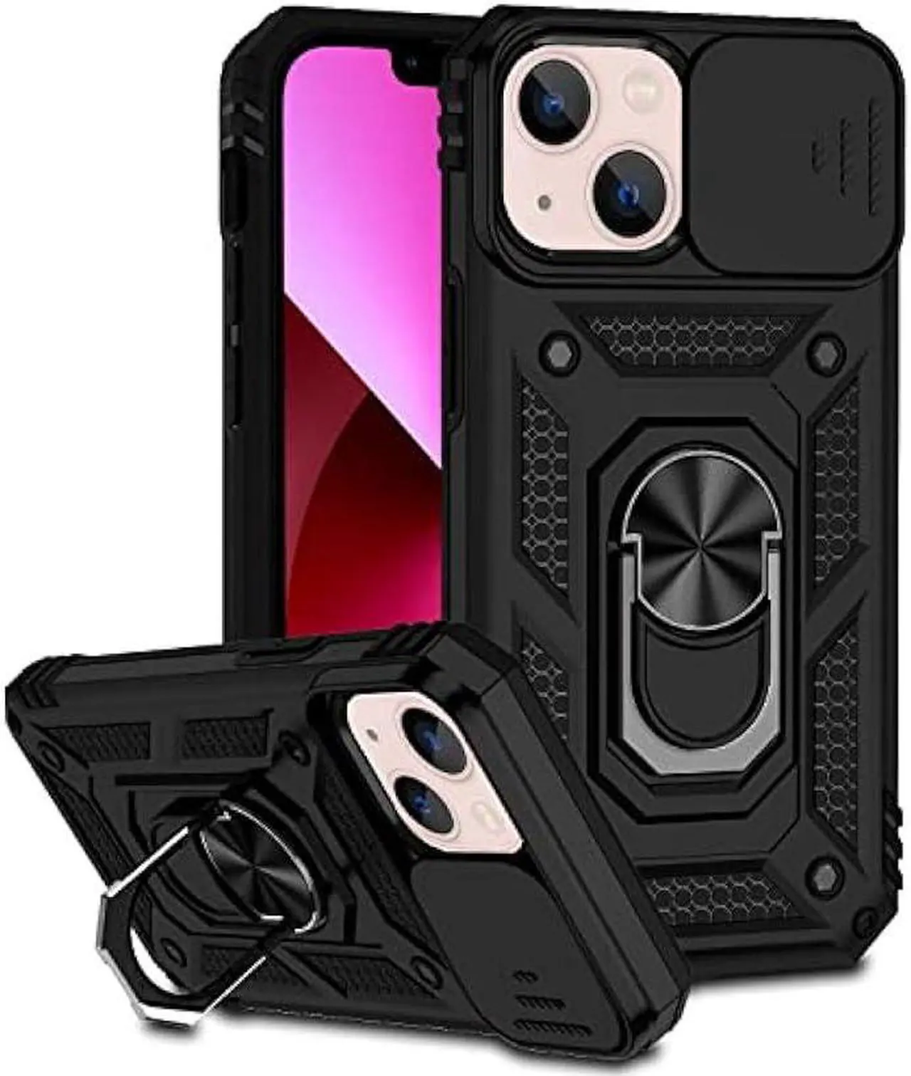 Main image of Hitaoyou iPhone 13 Case, Phone Case iPhone 13,iPhone 13 Case with Camera Cover & Kickstand Military Grade Shockproof Heavy Duty Protective with Magnetic Car Mount Holder Case for iPhone 13,Black