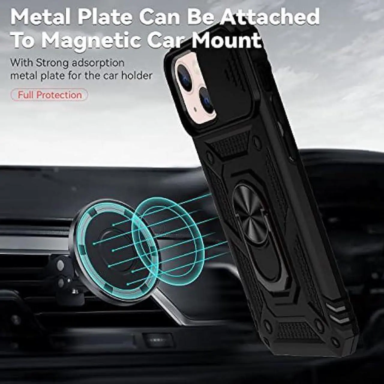 Alt view image 4 of 6 - Hitaoyou iPhone 13 Case, Phone Case iPhone 13,iPhone 13 Case with Camera Cover & Kickstand Military Grade Shockproof Heavy Duty Protective with Magnetic Car Mount Holder Case for iPhone 13,Black