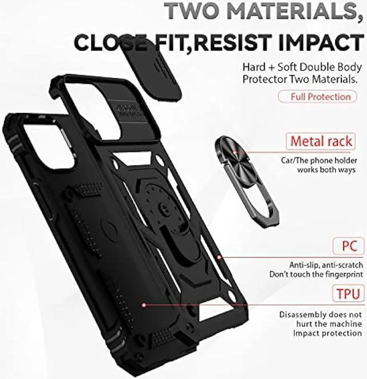 Alt view image 6 of 6 - Hitaoyou iPhone 13 Case, Phone Case iPhone 13,iPhone 13 Case with Camera Cover & Kickstand Military Grade Shockproof Heavy Duty Protective with Magnetic Car Mount Holder Case for iPhone 13,Black