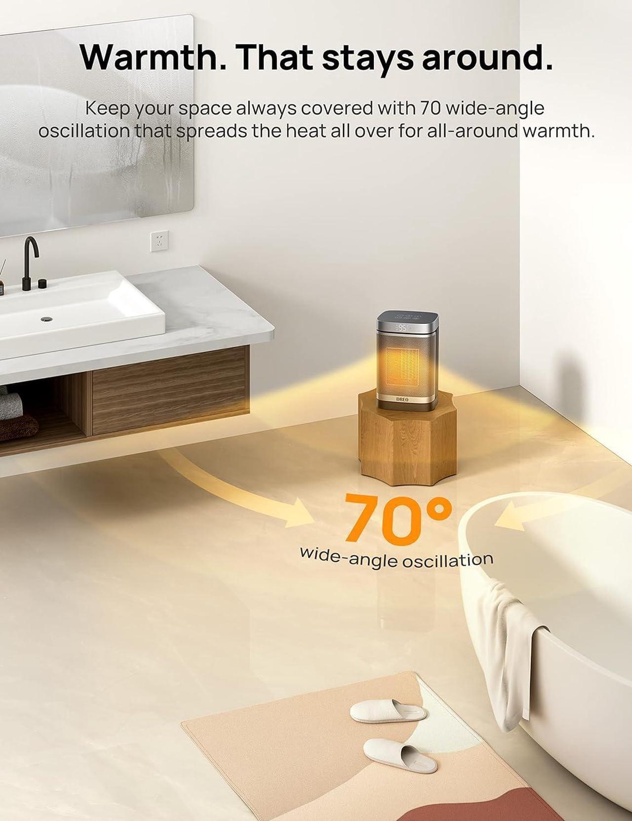 Alt view image 3 of 7 - Dreo Space Heater for Bathroom and Indoor, Portable Heater, 1500W Safe and Quiet PTC Ceramic Heater, 40-95°F Digital Thermostat, 70°Oscillating, Remote, ALCI Safety Plug, 12h Timer, 5 Modes