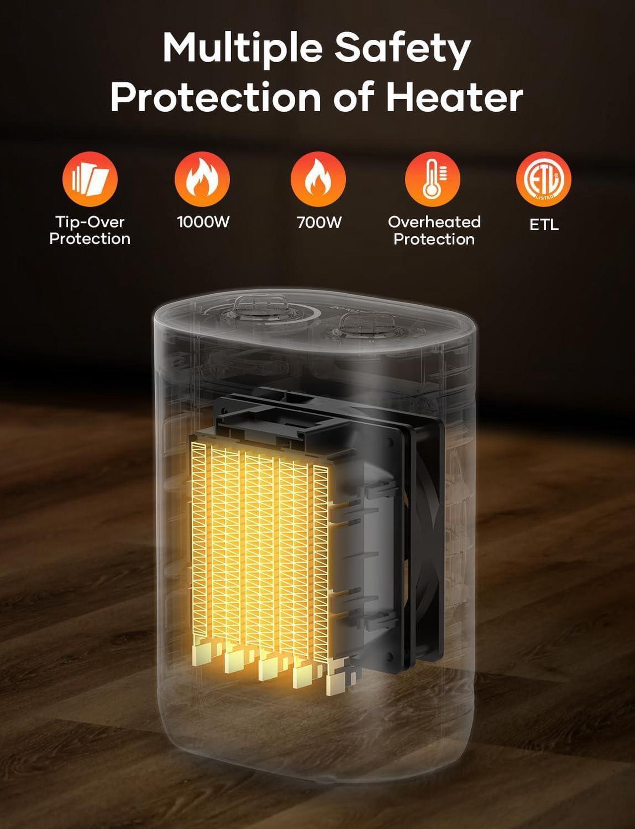 Alt view image 2 of 7 - 1000W PTC Ceramic Small Space Heaters with Overheating & Tip-Over Protection, Portable Electric Mini Heater Fast Quiet Heating for Office Bedroom Desk