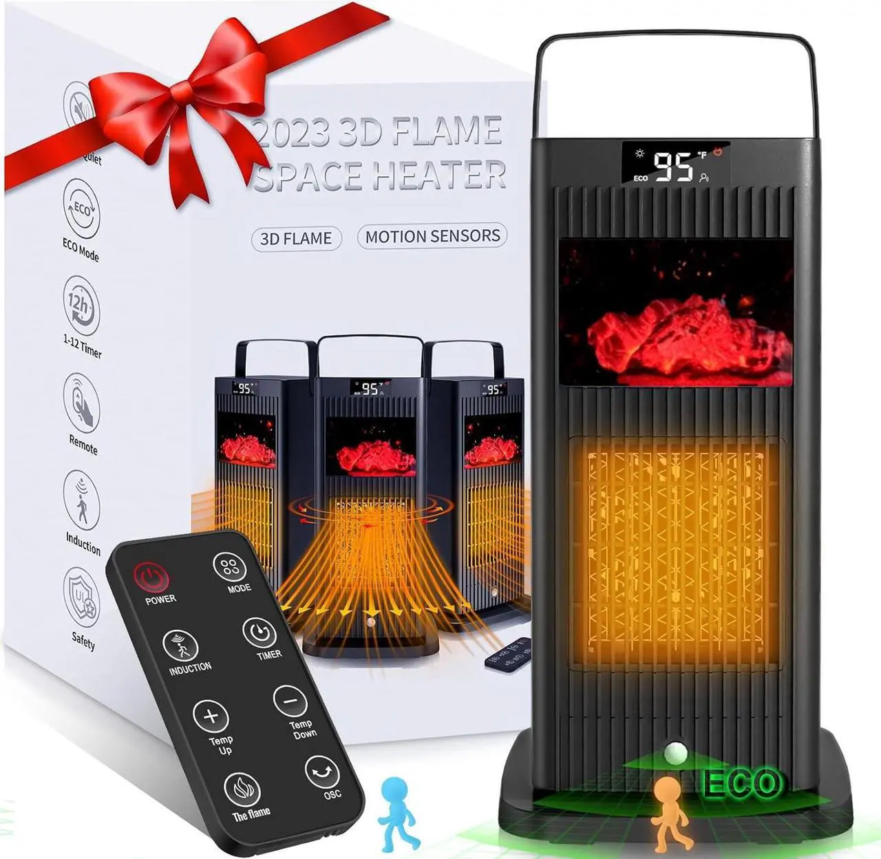 Main image of Space Heater, 2023 Small Space Heaters for Indoor Use, Oscillating Electric Heater with Infrared Sensor & 3D Flame Effect as Mini Fireplace, 1500W ECO Portable Heater for Office/Bedroom/Home/Garage
