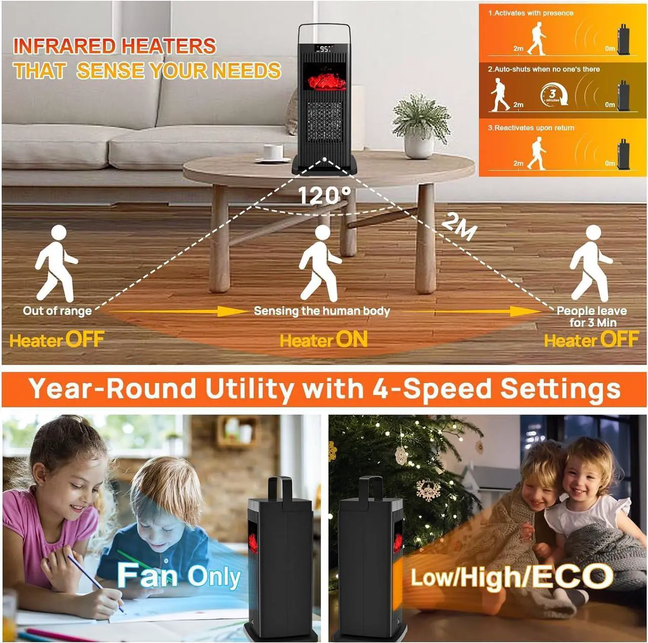 Alt view image 3 of 7 - Space Heater, 2023 Small Space Heaters for Indoor Use, Oscillating Electric Heater with Infrared Sensor & 3D Flame Effect as Mini Fireplace, 1500W ECO Portable Heater for Office/Bedroom/Home/Garage